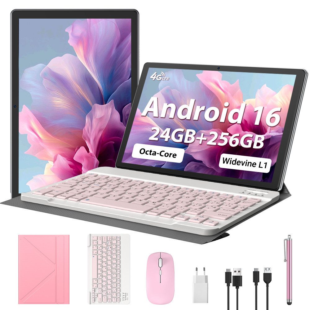 XGODY 4G LTE WLAN 10,1-Zoll-Tablet mit 24GB+256GB Android 16 Tablet (10.1", 256 GB, Android 16, 2G (GSM), 3G (WCDMA), 4G (LTE), 2026 Neu Tablet Android 16 mit Tastatur, Ledertasche und Stift)