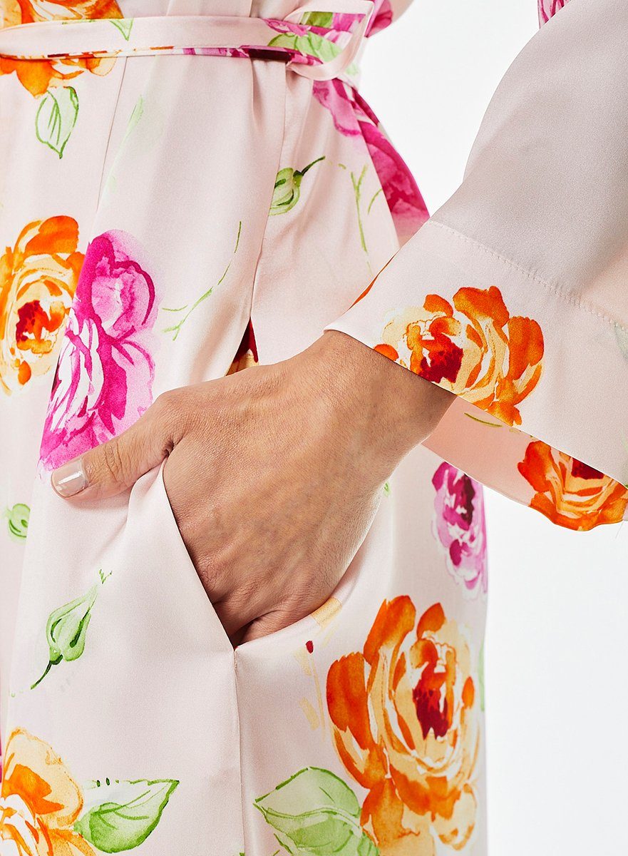 Jadee Morgenmantel Daybreak, Seide, Bindegürtel Pink Roses Kimono-Kragen