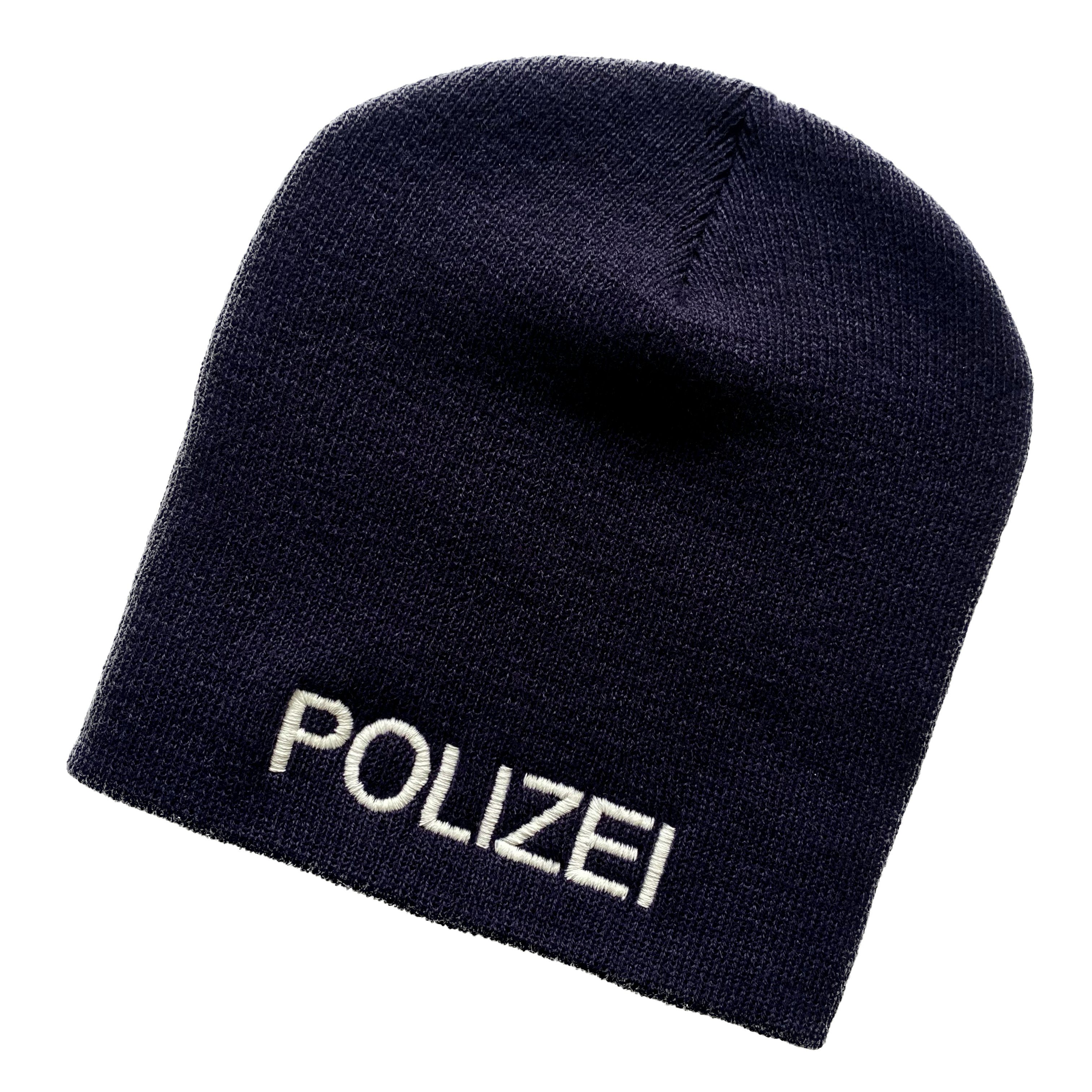 Schnoschi Strickmütze Strickmütze ohne Umschlag (Beanie Mütze) mit Polizei bestickt ohne Umschlag dunkelblau