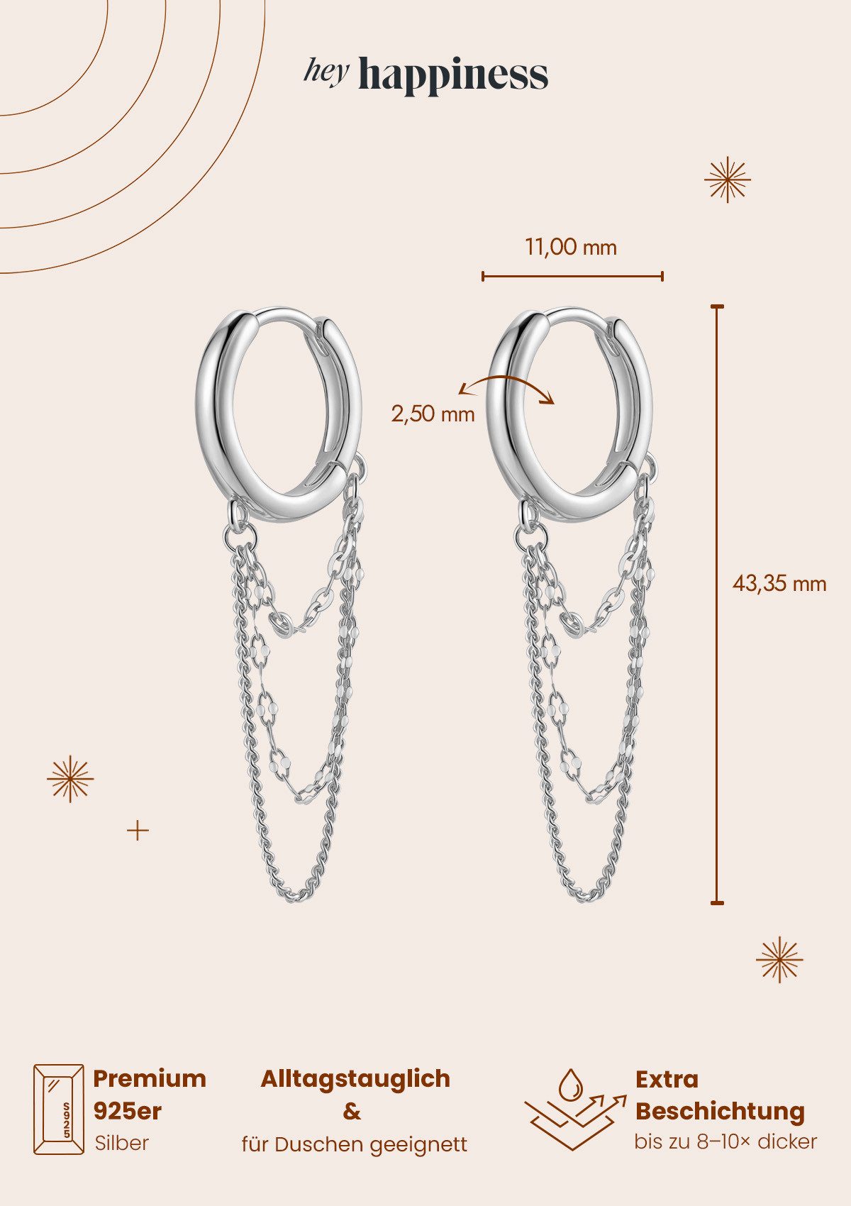 Hey Happiness Paar Ohrhänger Dreifache Kette & Creole, Moderne Damen Creolen 925 Silber, vergoldet