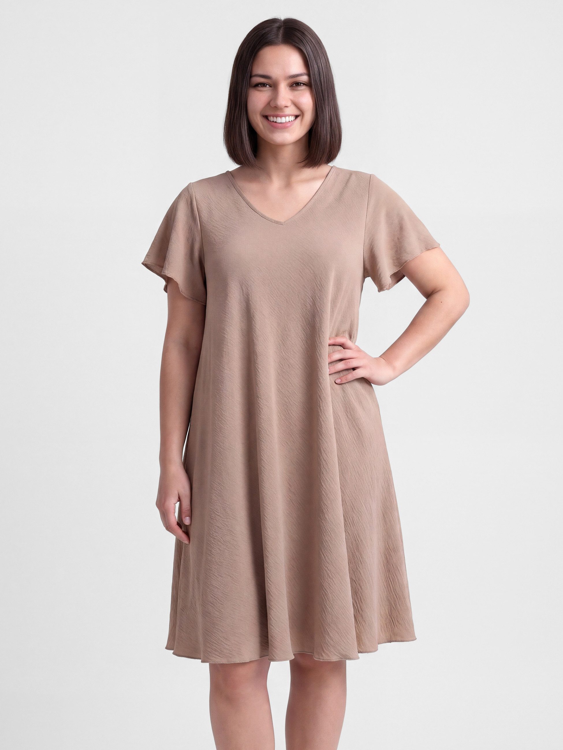 PEKIVESSA Sommerkleid Knielanges Freizeitkleid in Glockenform mit V-Ausschnitt mit verspielten Flügelärmeln