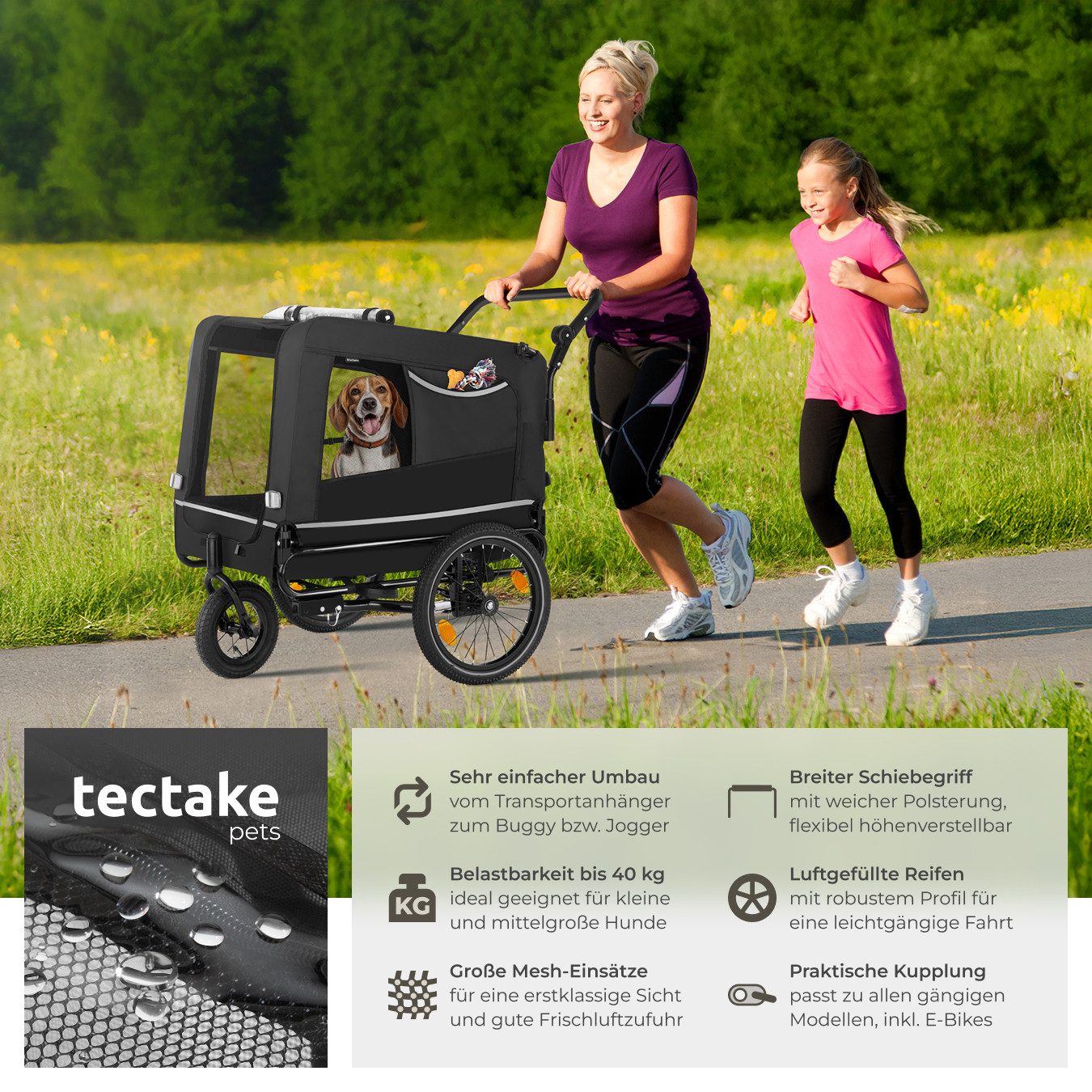 tectake Fahrradhundeanhänger Hundewagen 3in1 multifunktional mit Reflektoren, Leine und Warnfahne, mit Regenschutz, faltbar, gefedert, Belastbarkeit 40 kg, 240 Liter