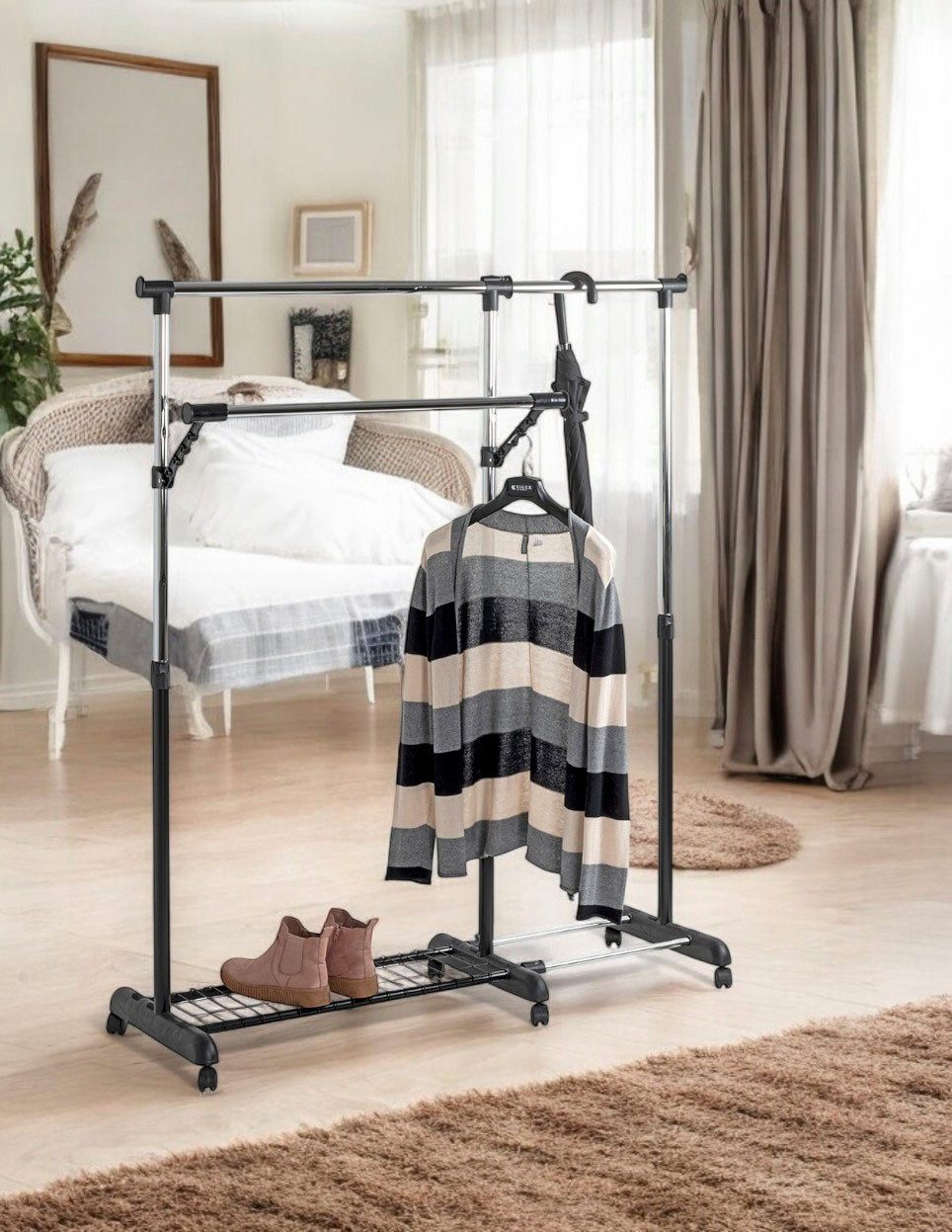 HAKU Garderobenständer Garderobe, Garderobenständer, Kleiderständer auf Rollen, Kleiderwagen, rechteckig - aus Metall Schwarz - B/T/H 94-160/49/103-170 cm