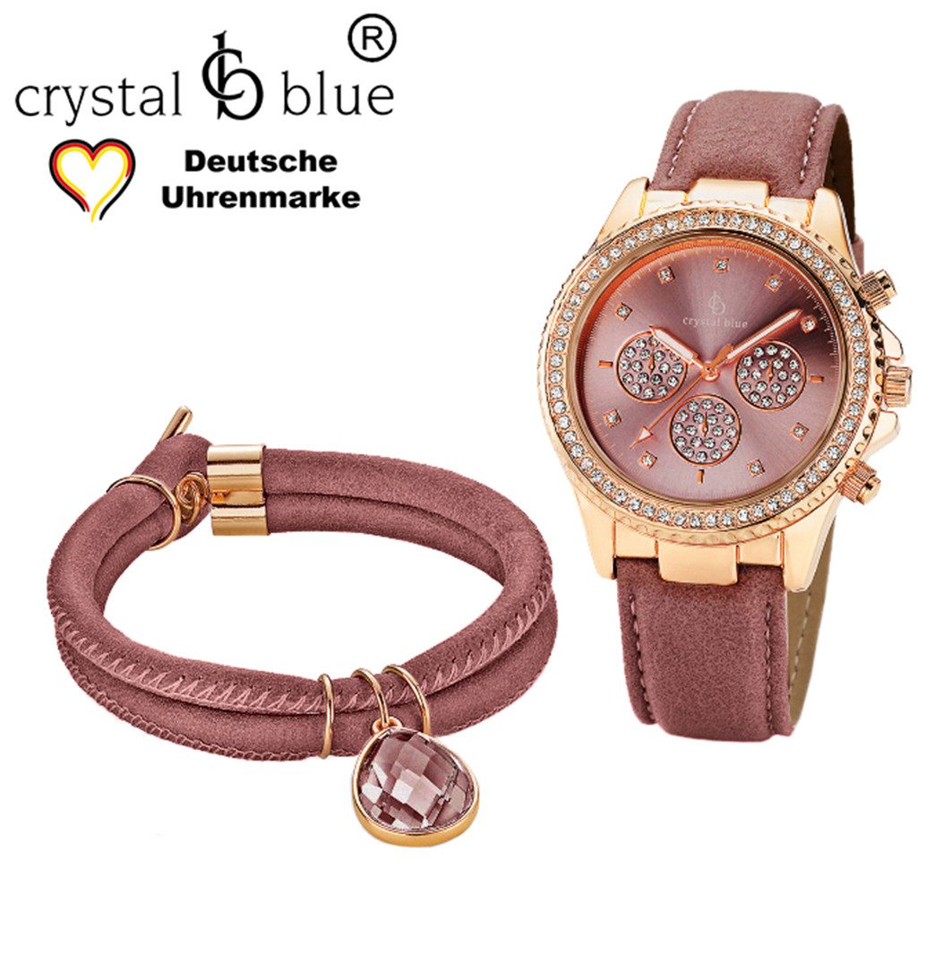 crystal blue Quarzuhr mit edlem Chronolook als Set mit Knebelarmband, kostenlose Lieferung