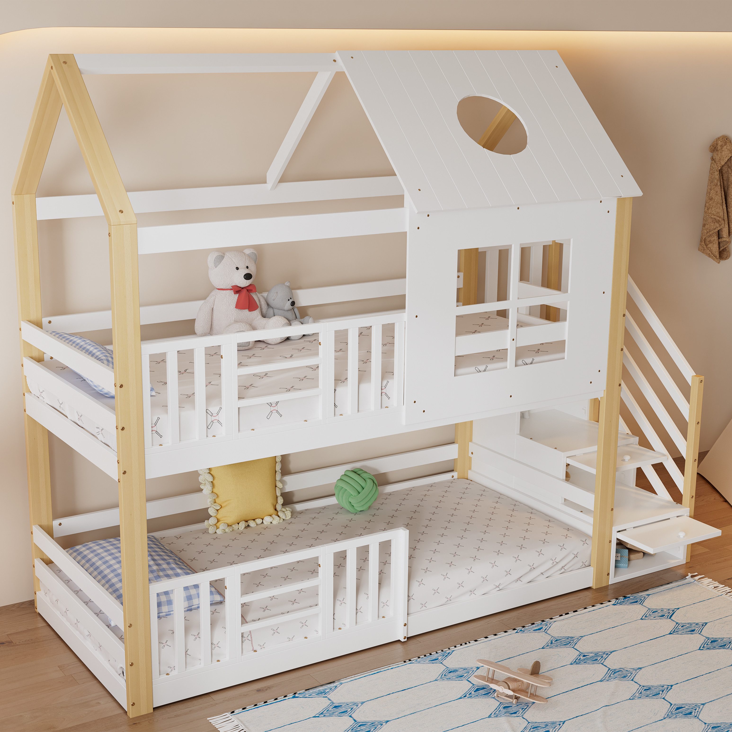 Flieks bunk bed, solid wood house bed, children's bed 90x200cm with storage stairs