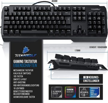 Titanwolf Mechanische Tastatur ALUMAR MMO 10800dpi Gaming Maus Specialist Tastatur- und Maus-Set, Mechanical Keyboard Anti-Ghosting LED Backlight19Lichtmodi Makro-Modus
