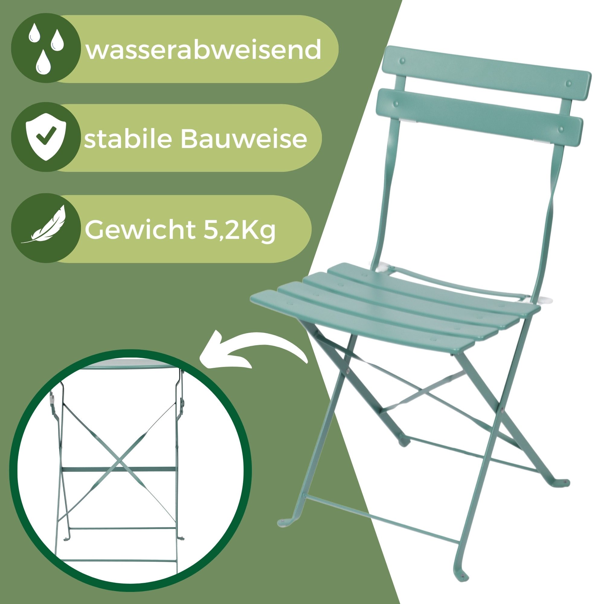 Albatros International Balkonset Bistroset 3-teilig Grün Bistrotisch 2 Stühle und Tisch aus Metall, (optimal als Balkonmöbel Set oder Gartenmöbel in modernem De – Bild 3 von 5