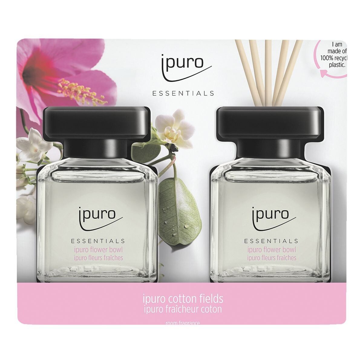 IPURO Raumduft Flower Bowl, 2x 50 ml, Glasflakon mit Rattan-Holzstäbchen