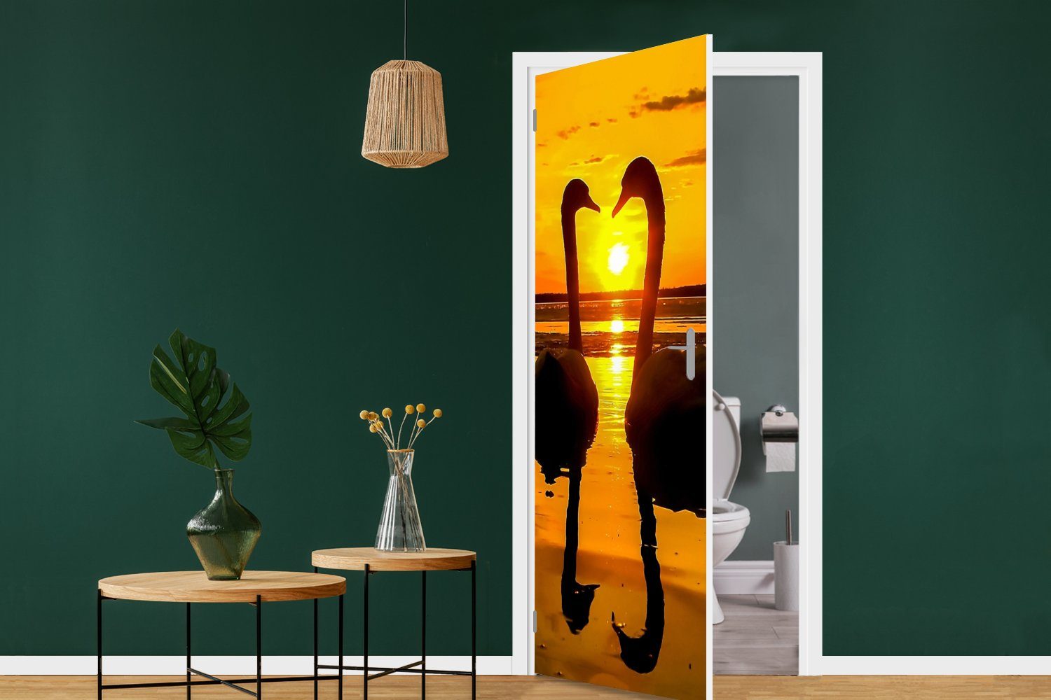 Türaufkleber, St), (1 Orange Vogel - Tür, - Fototapete Wasser, für MuchoWow Matt, bedruckt, - - cm Sonnenuntergang 75x205 Türtapete Schwäne