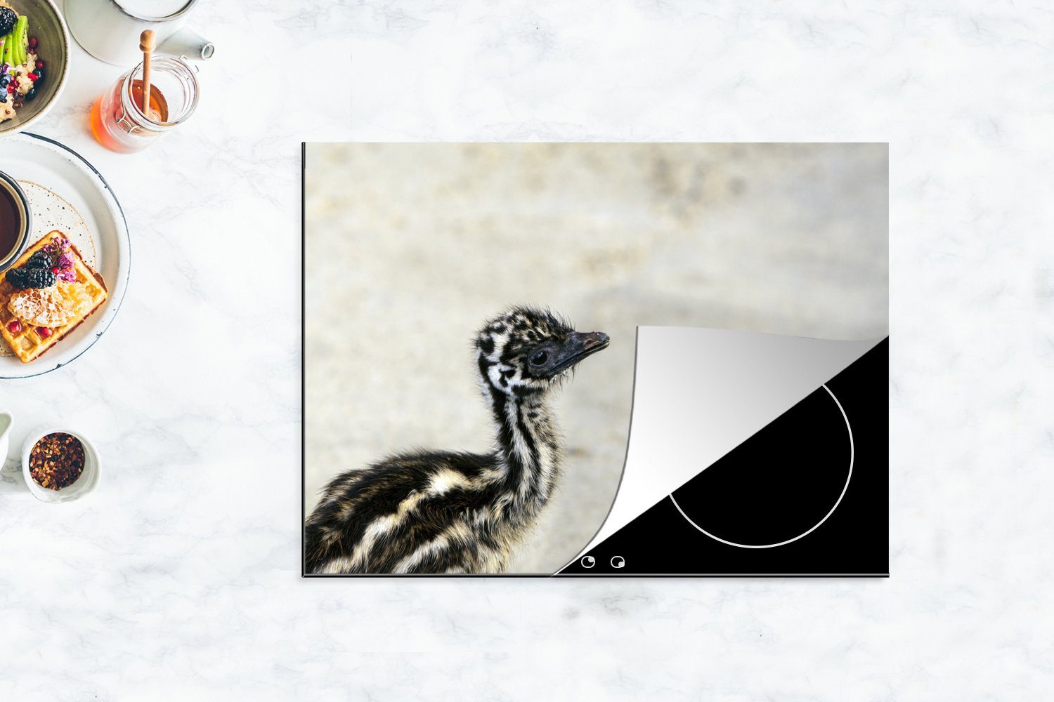 MuchoWow Herdblende-/Abdeckplatte Baby-Emu mit hellem tlg), Vinyl, 70x52 cm, Arbeitsfläche Mobile (1 Ceranfeldabdeckung nutzbar, Hintergrund