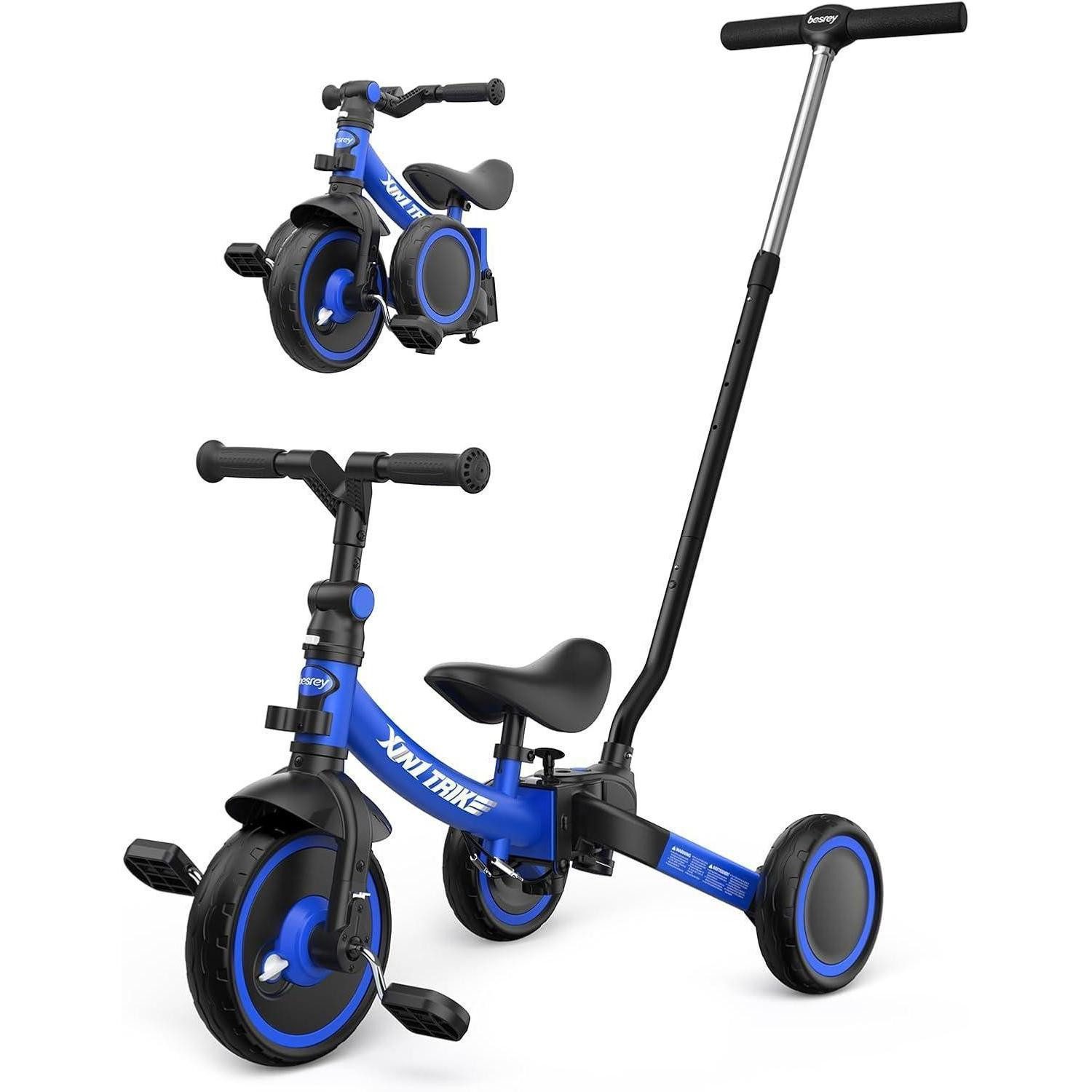 LuxusKollektion Dreirad Kleinkind Dreirad 5in1 Lenkschiebegriff Radkupplung Pedale Navy Blue