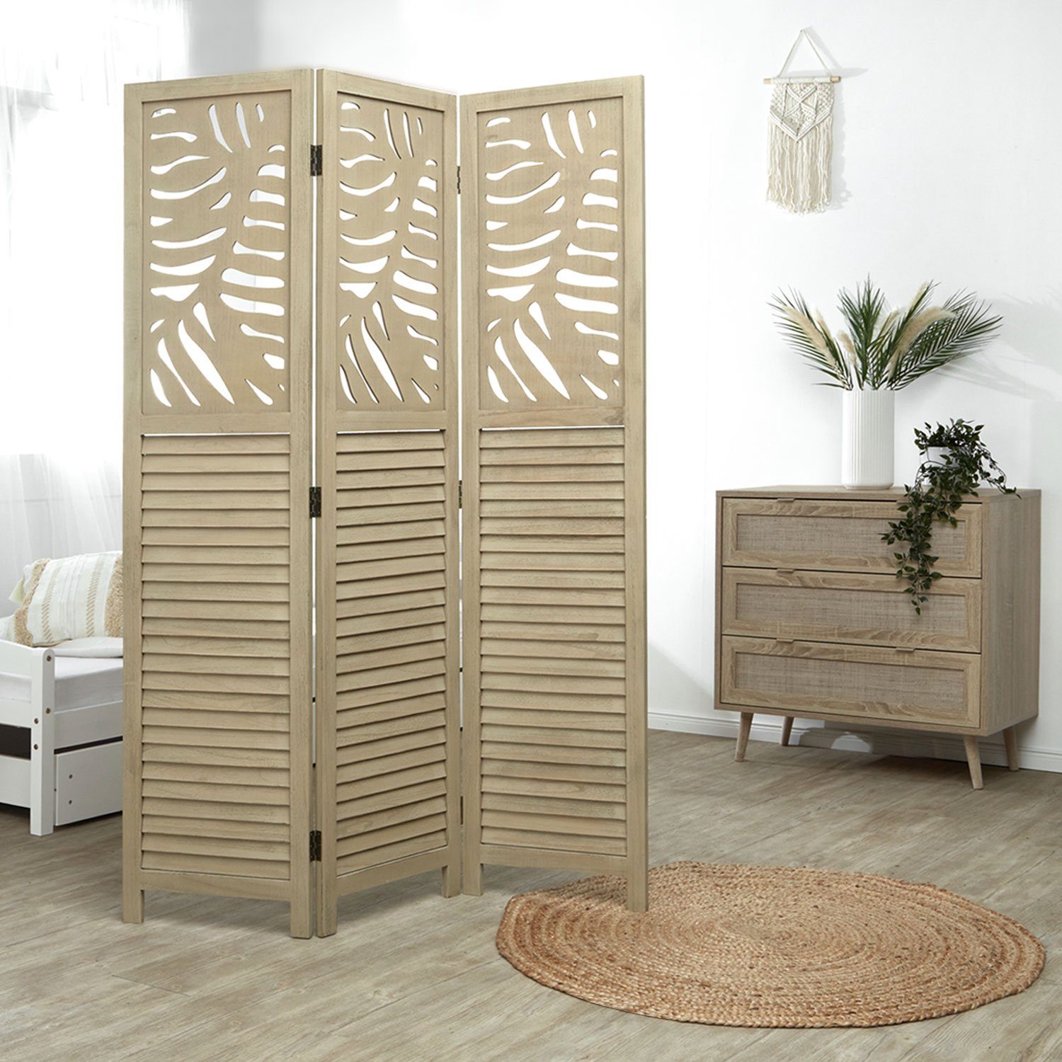 Homestyle4u Paravent Raumteiler Holz Beige Trennwand Sichtschutz Blattmuste günstig online kaufen
