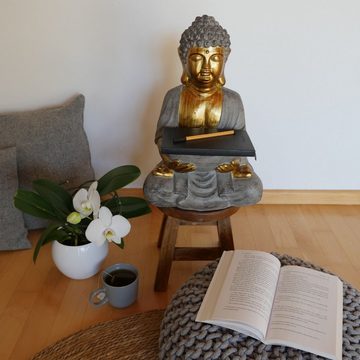 Rivanto Buddhafigur, Sitzende Steinoptik Deko Figur mit goldener Haut, mit Vogeltränke