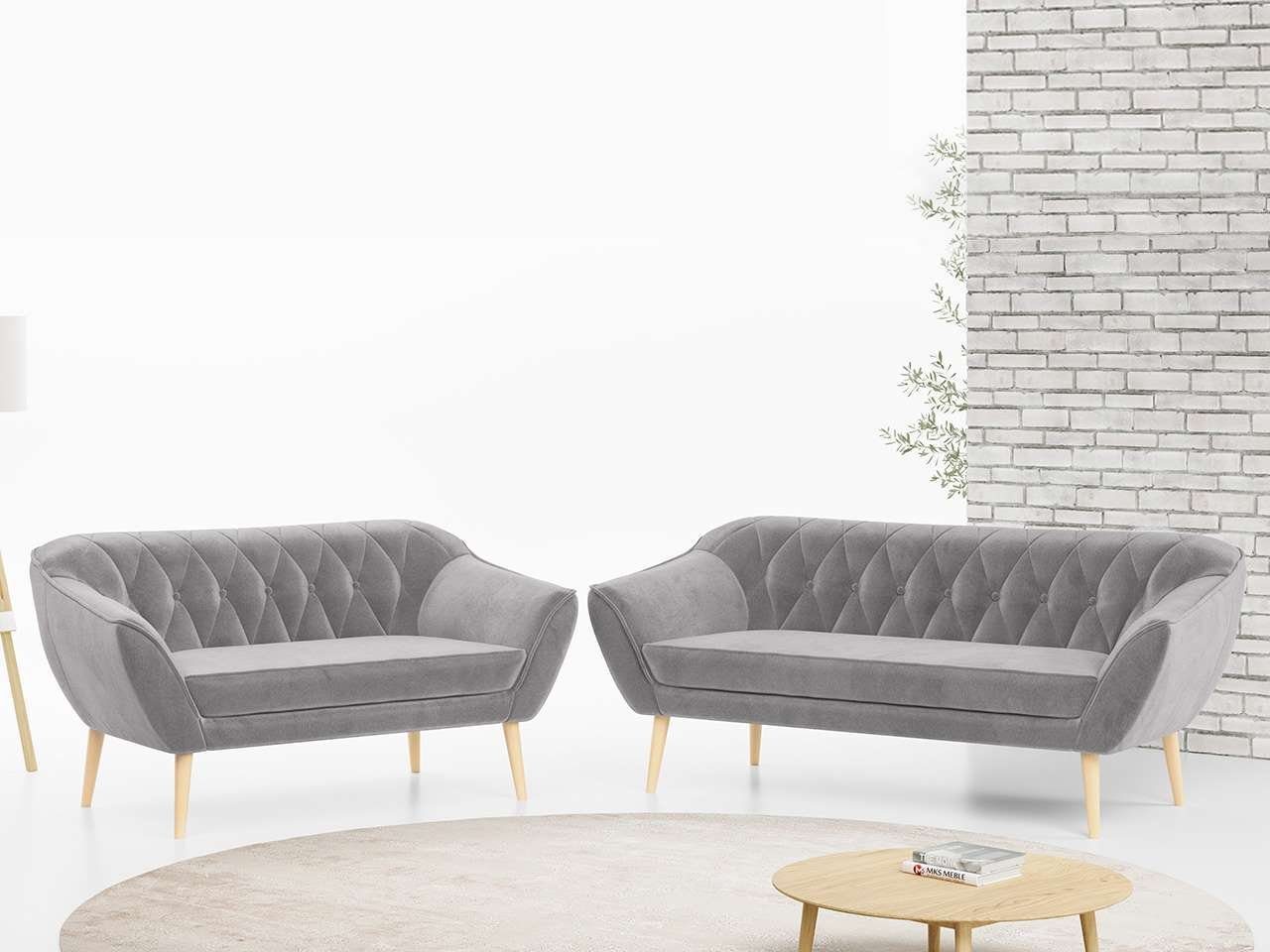 MKS MÖBEL Sofa PIRS 3 2, Skandinavischer Stil, Gesteppte Polsterung, Moderne Sofa Set 3 + 2 Hellgrau Monolith