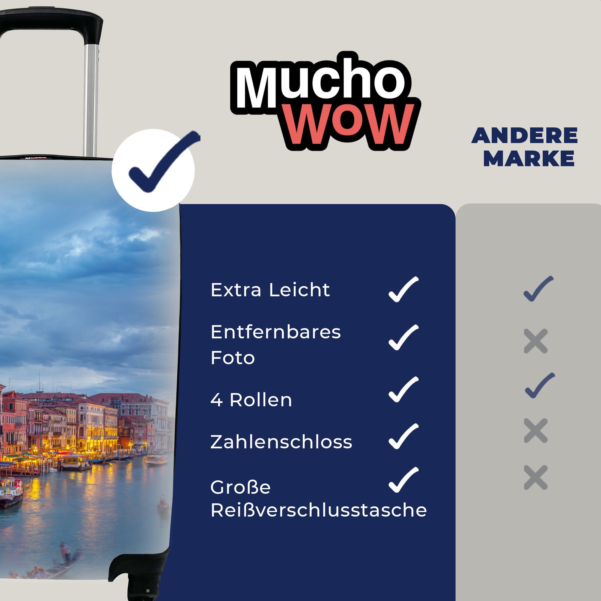 MuchoWow Handgepäckkoffer Wasser - Nacht rollen, Venedig, Reisekoffer - Trolley, 4 Reisetasche Ferien, Rollen, für mit Handgepäck