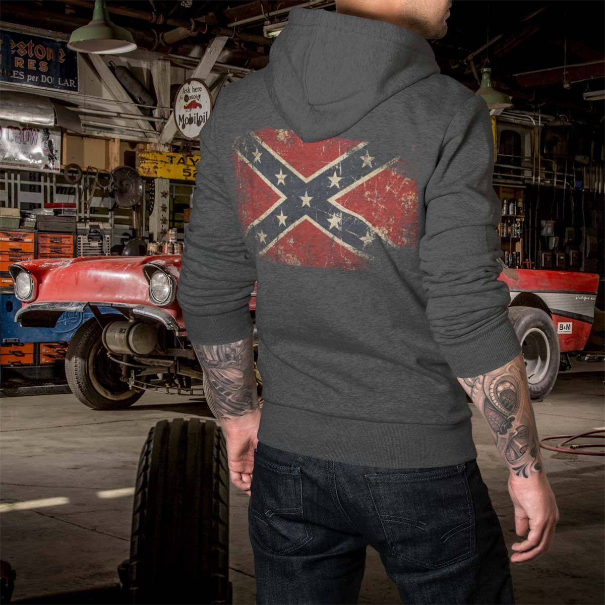 Hoodie Anthra / Zip Motiv mit Hotrod Rebel US-Car Kapuzensweatjacke Melange Kapuzenjacke Flag Rebel On Wheels