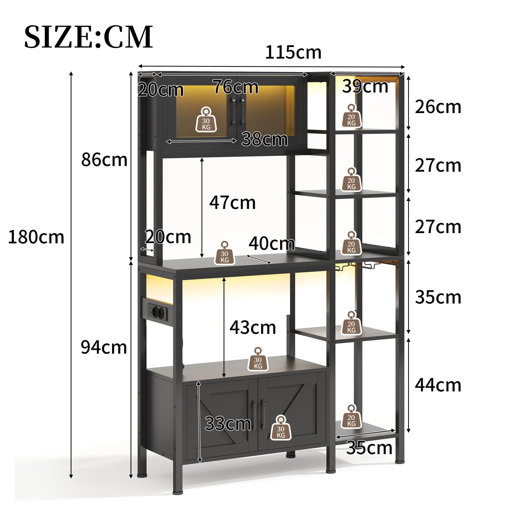 BlingBin Standregal Backregal Küchenregal Küchenschrank Mikrowellenregal, 1-tlg., mit Steckdose, LED-Beleuchtung, Weinglashalter, 115L×40B×180Hcm