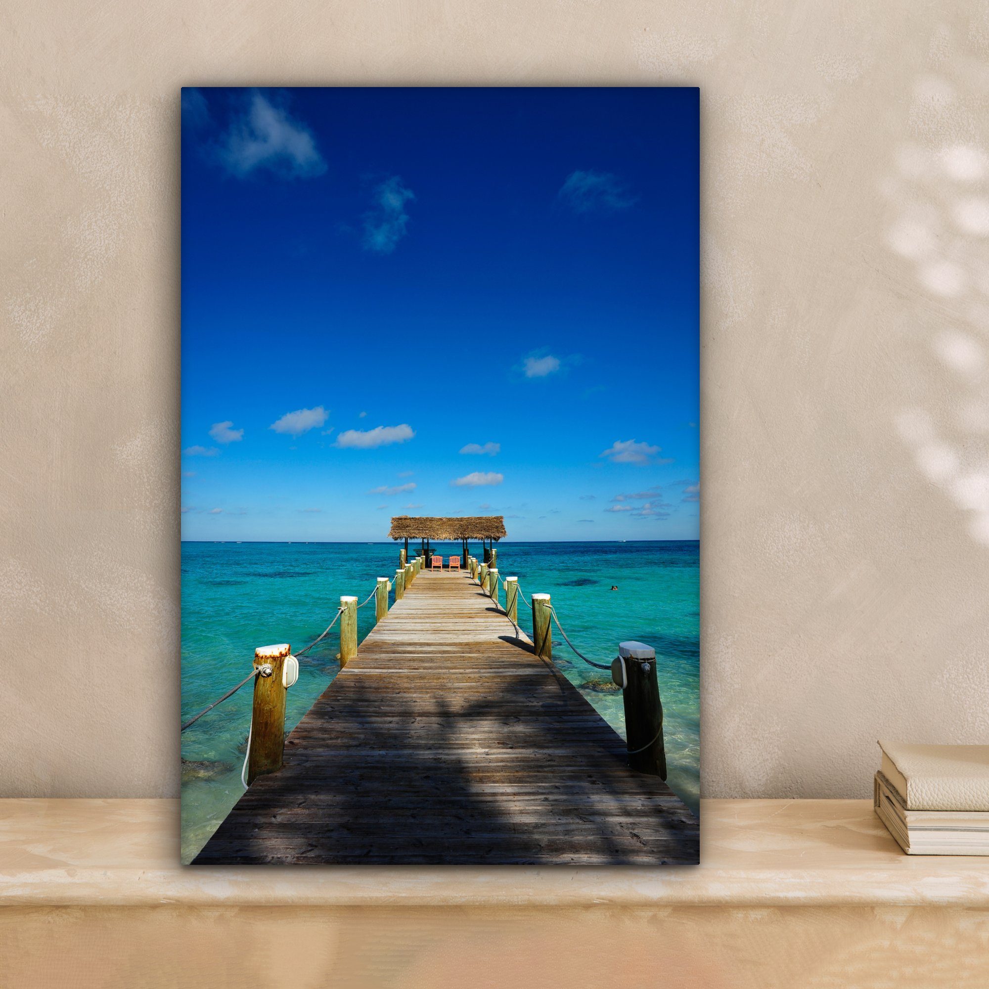 Bahamas, bespannt 20x30 Leinwandbild Bootssteg Zackenaufhänger, Gemälde, den auf fertig OneMillionCanvasses® inkl. cm Leinwandbild St), (1
