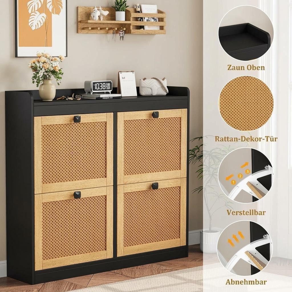 GarveeMore Schuhschrank aus Rattan mit 4 Klappschubladen für Eingangsbereich,Flur 105x23x96cm freistehender Schuhschrank aus Holz mit verstellbaren Einlegeböden – Bild 5 von 5