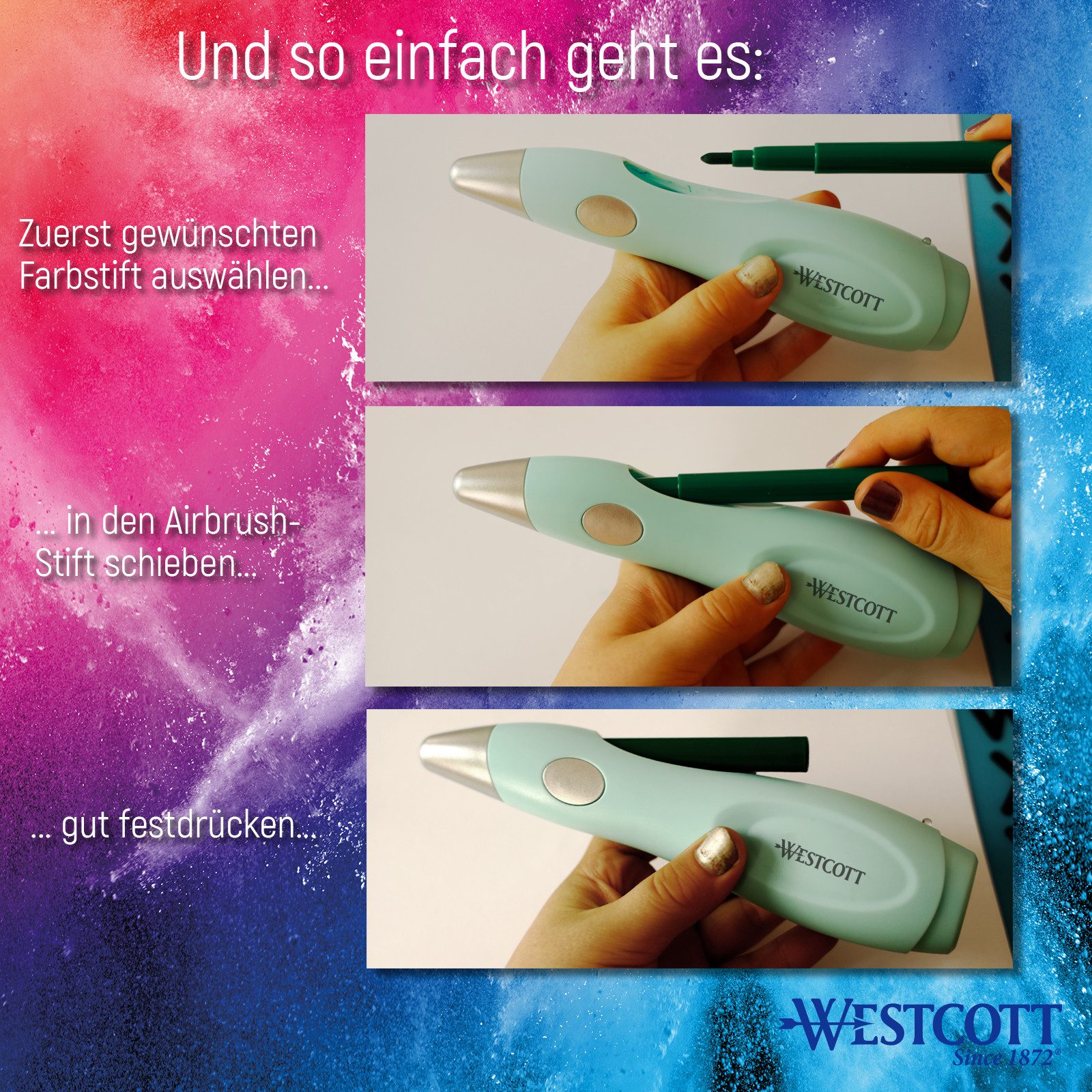 WESTCOTT Airbrushpistole Airbrush Set Kinder, Elektr. Farbsprühstift mit 12 Filzstiften, USB, inklusive 19 Schablonen – Bild 5 von 5