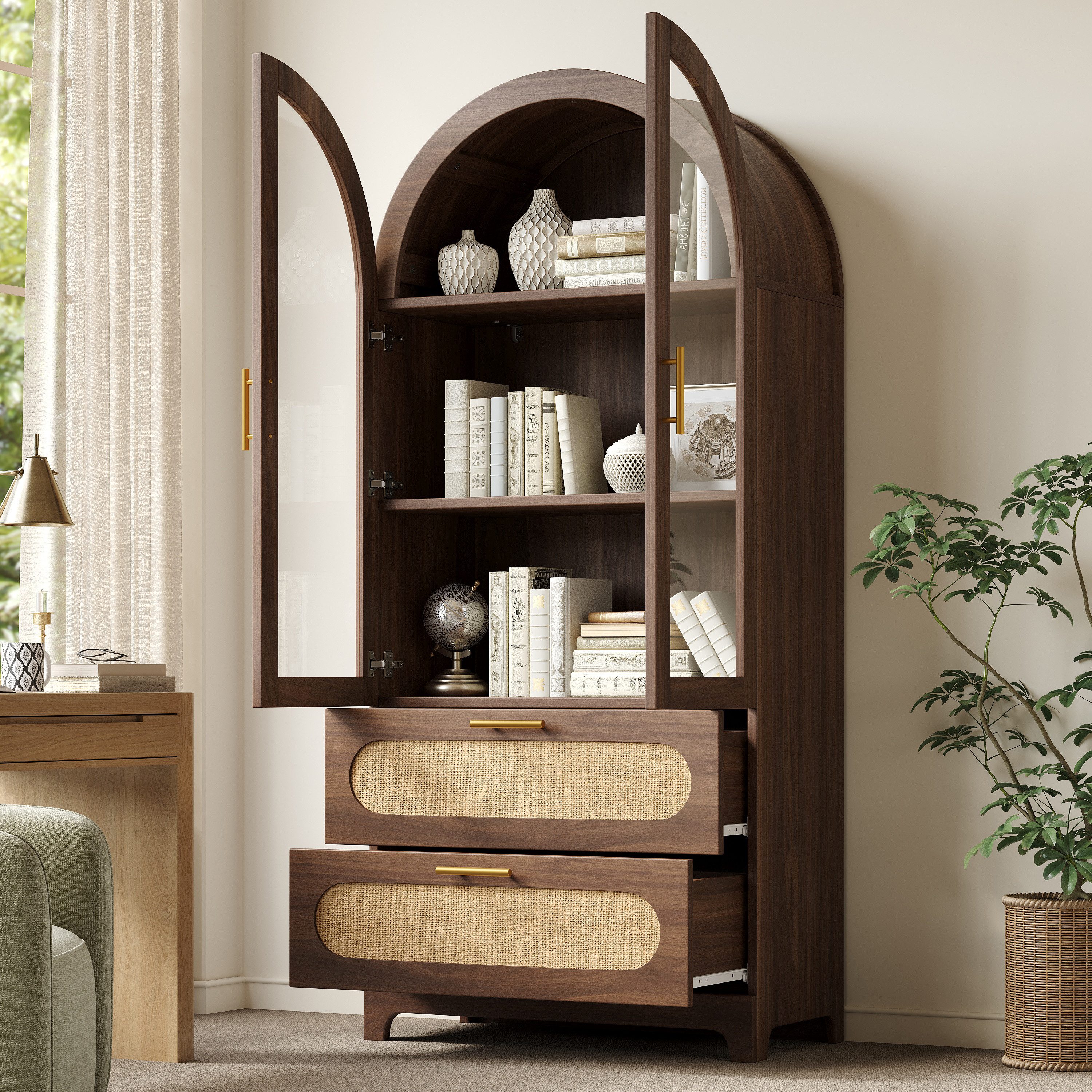 REDOM Hochschrank Vitrine (Bücherregal mit 2 Schubladen & verstellbaren Böden, Retro-Design, Nussbaum, 1-St., 80*40*175cm(L x B x H)