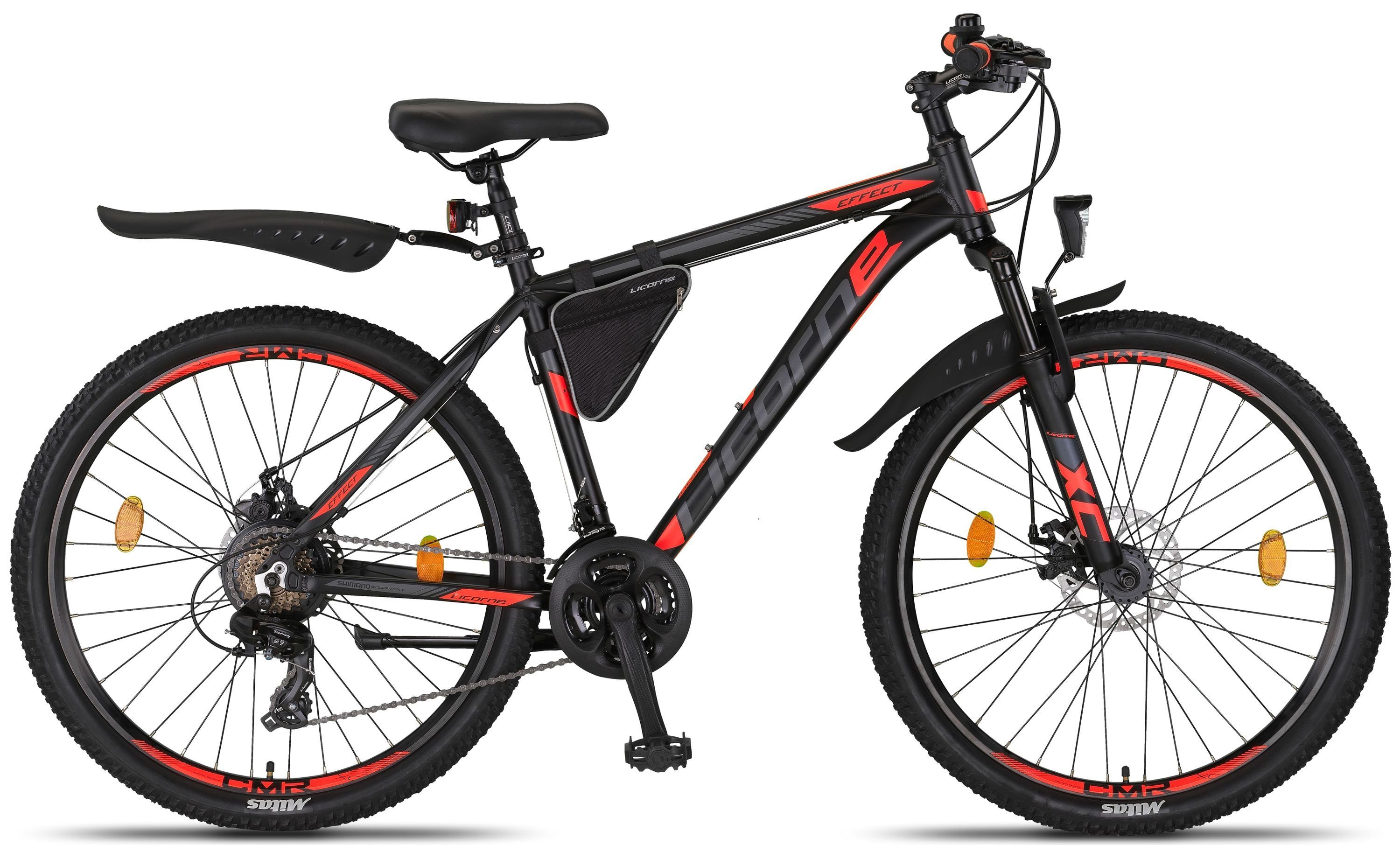 Licorne Bike Mountainbike Licorne Bike Effect Premium Mountainbike in 26, 27,5 und 29 Zoll Schwarz/Orange (2xDisc-Bremse)