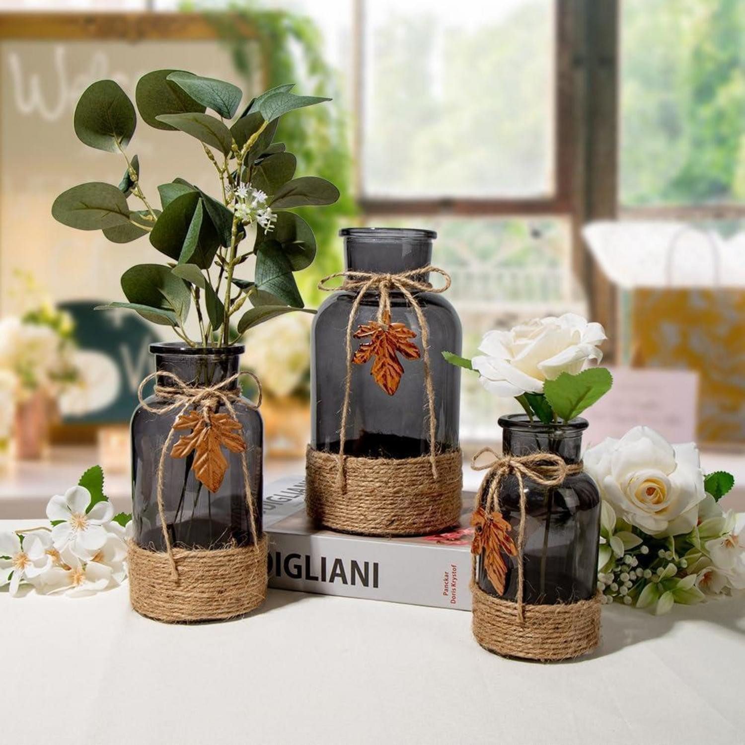LuxusKollektion Dekovase Glasvase zylindrisch Boho Blumenvase 20cm 2er Hochzeit Groß*2 Smoke
