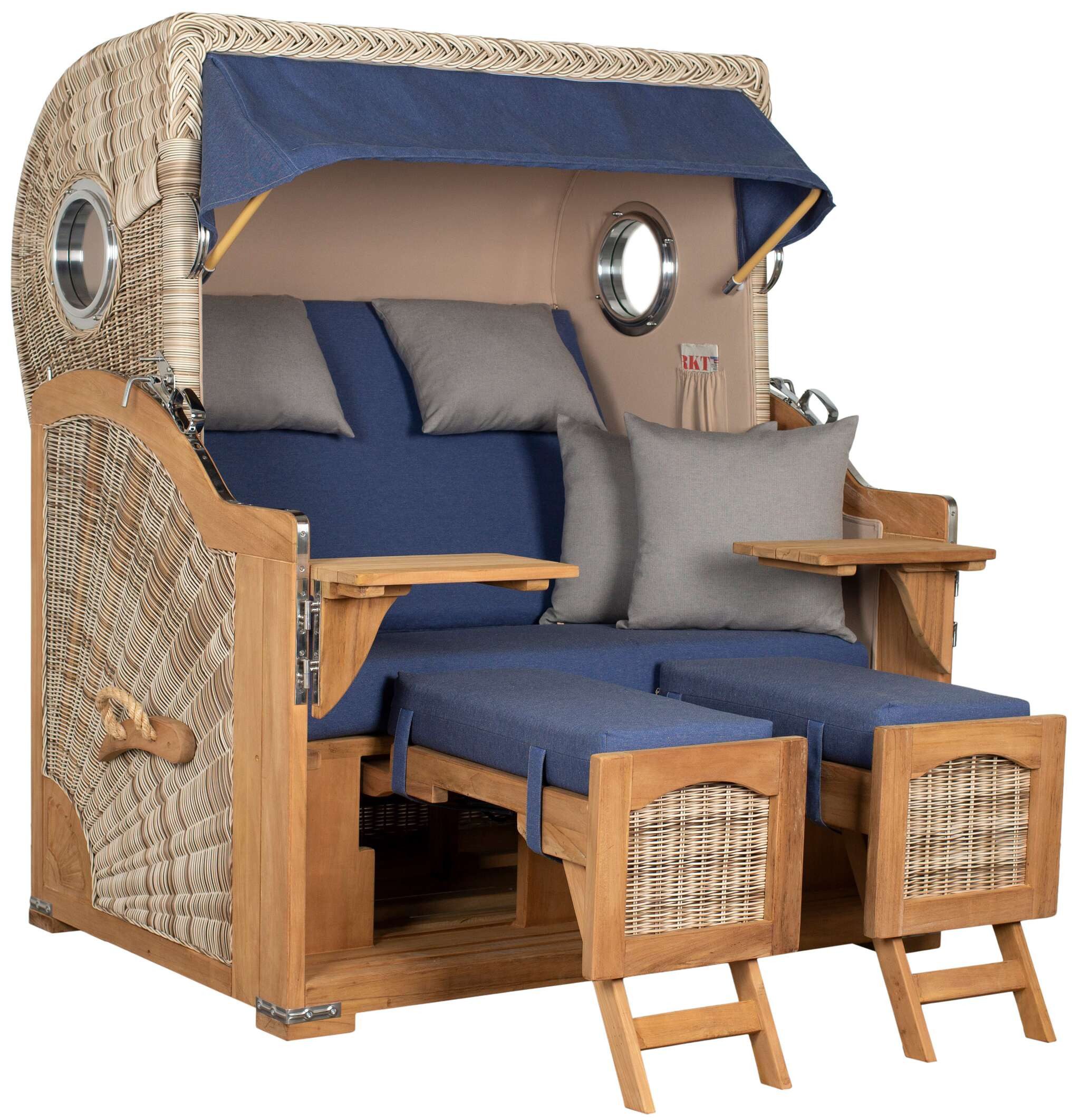 MR.DEKO Strandkorb XL Düne Grande Teak PE Shell 2,5 Sitzer mit Bullauge, BxTxH: 142x95x170 cm, Volllieger, Düne, (Fertig montierter Strandkorb für Garten, Terrasse & Balkon), Wetterfester Volllieger mit Edelstahlbeschlägen & waschbaren Polstern