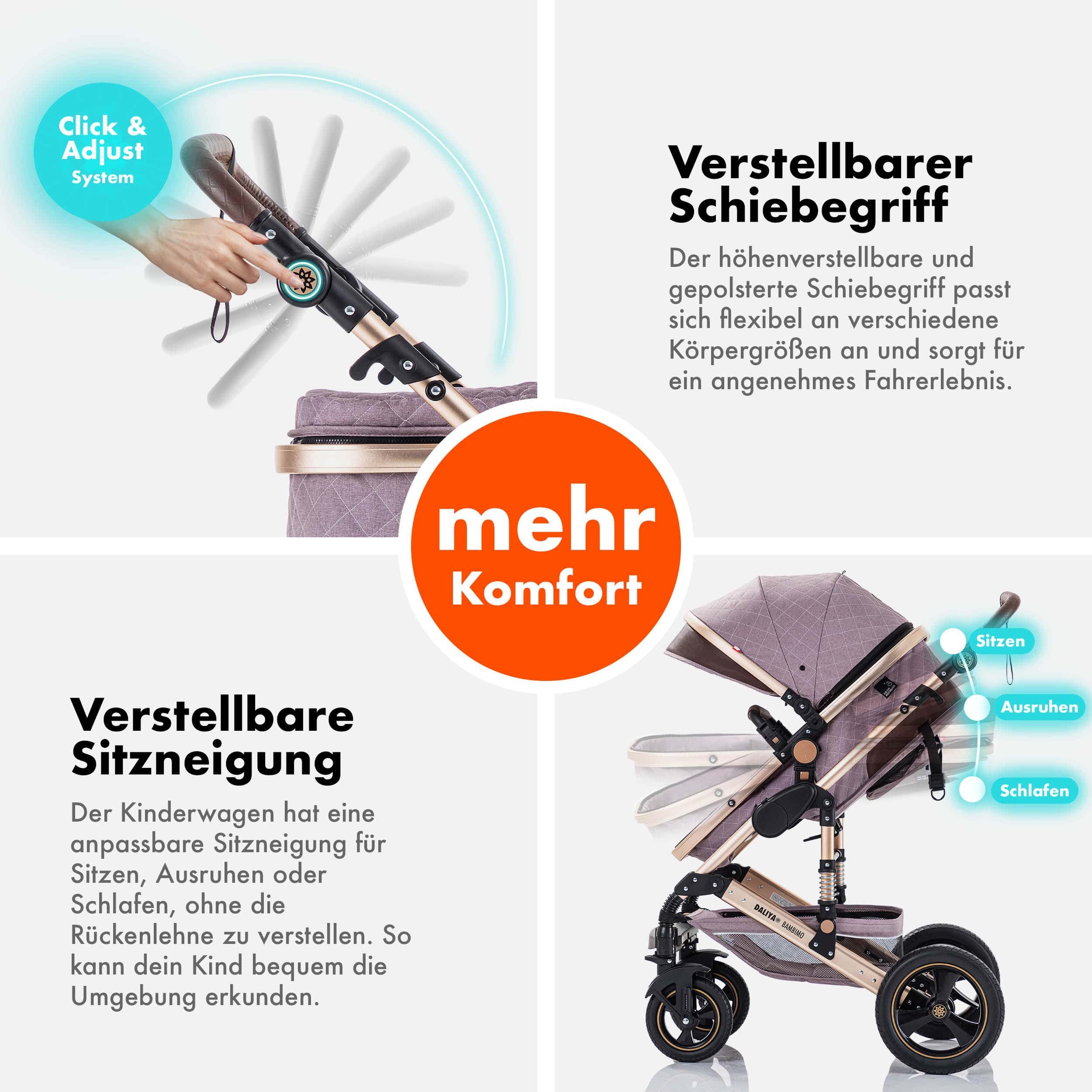 Daliya® Kombi-Kinderwagen BAMBIMO 2in1 Kinderwagen & Buggy, Babywanne und Sportsitz, Alu-Rahmen, (Grundausstattung für Babys, 9-tlg), Großer Einkaufskorb, Federung, weiche Matratze, Belüftungssystem