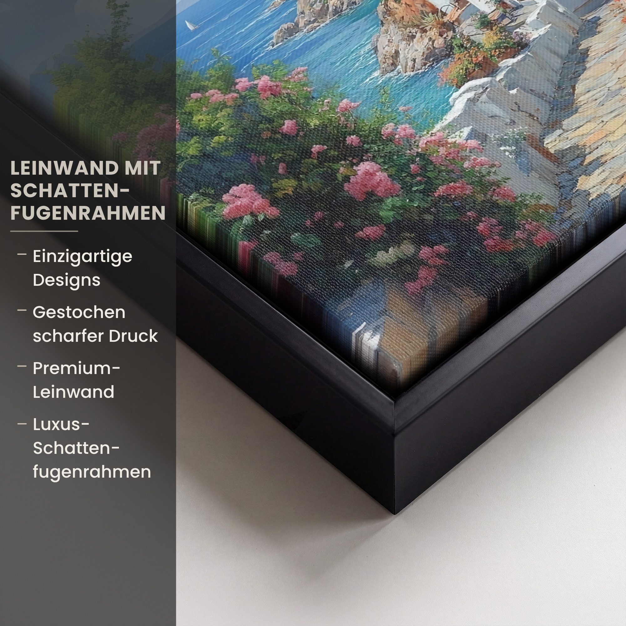 OneMillionCanvasses® Leinwandbild mit Rahmen - Häuser - Meer - Bäume - Blumen, Fotodruck (1 St), Leinwand Bilder Klein, Wand Dekoration Aesthetic 20x20cm