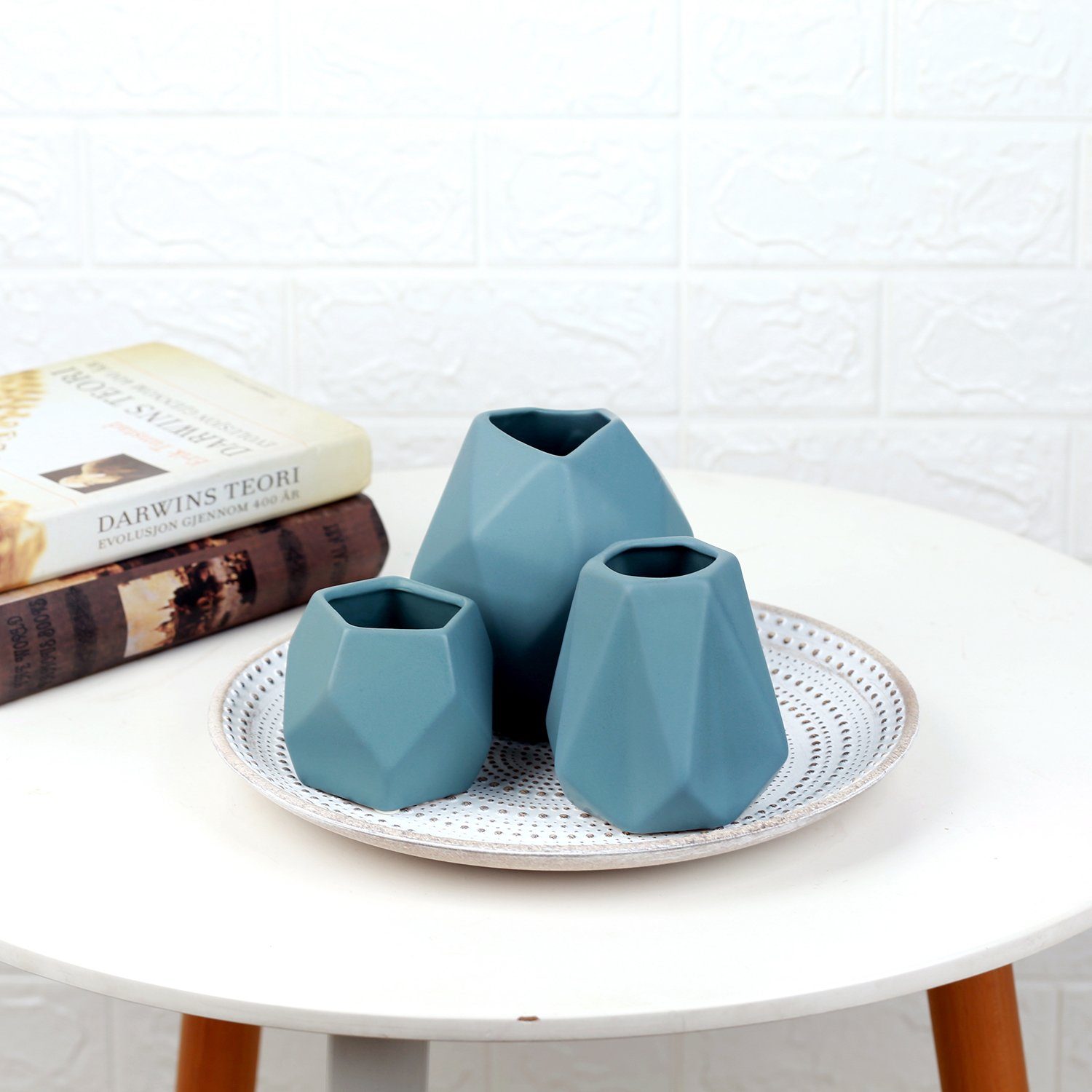 Puristisches Tisch-Deko matt-blau Keramik- Flanacom Dekovase Deko-Vase Designer (3-tlg), Moderne Design,
