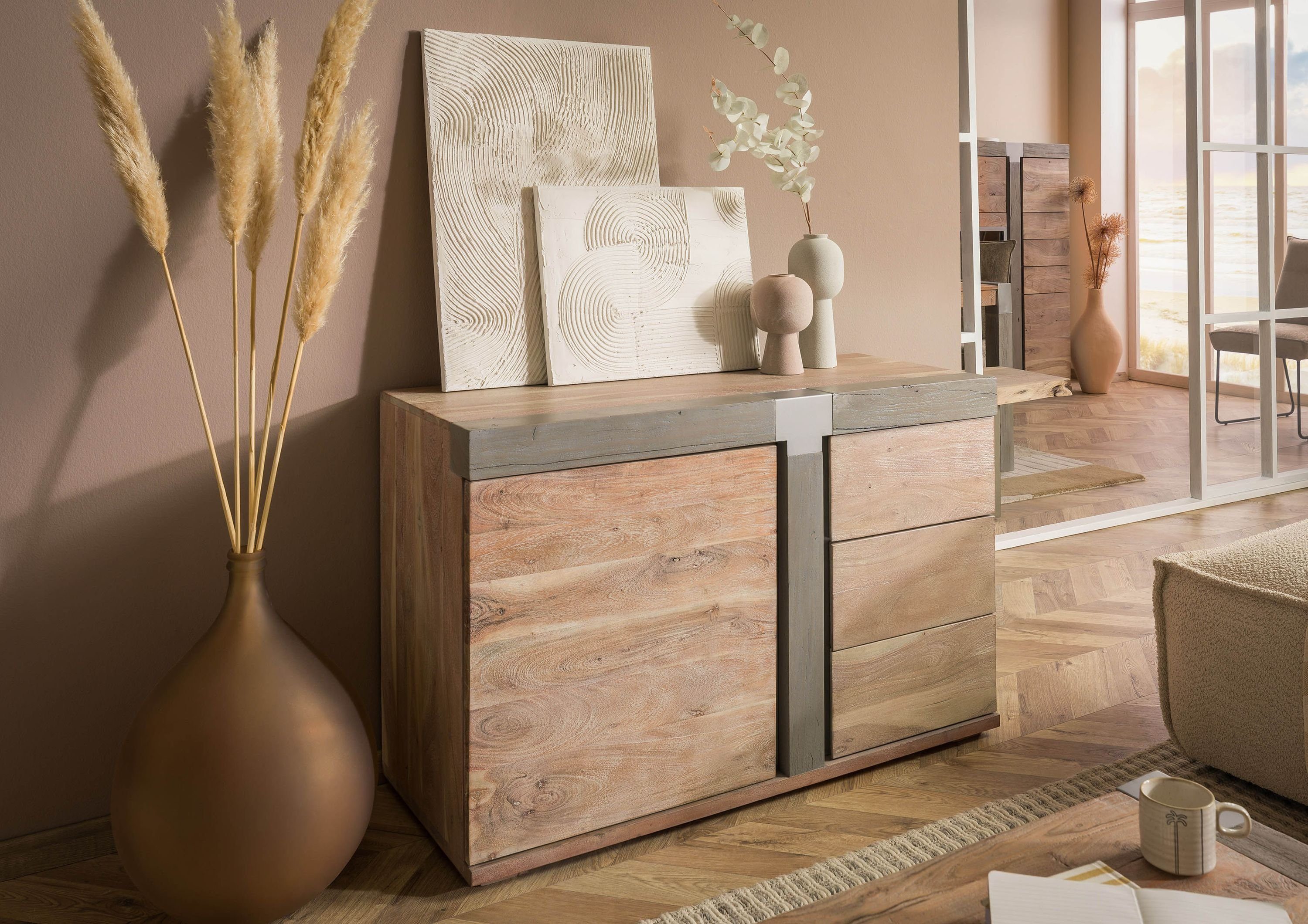 Massivmoebel24 Sideboard AMSTERDAM (Massivholz), Sideboard Akazie 115x45x75 beige lackiert Amsterdam #109