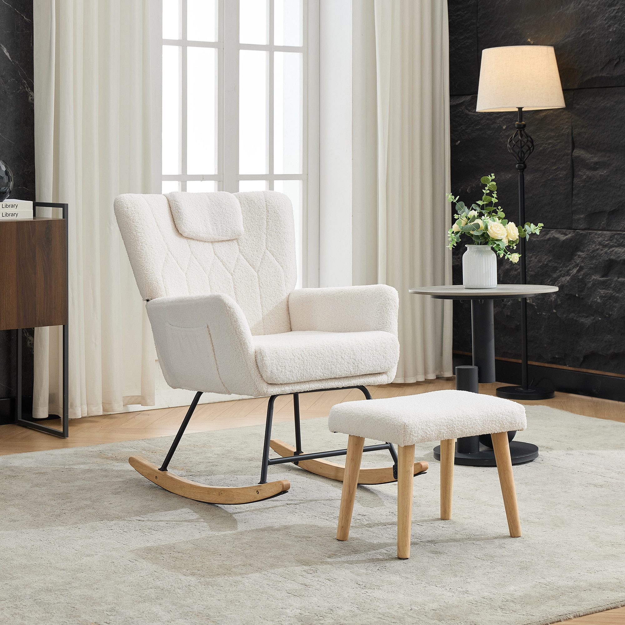 Merax Schaukelstuhl mit Fußhocker und 30° Schaukelfunktion, Relaxsessel aus Teddy-Samt (65×88×87 cm, 2 St), Ergonomischer Sessel mit Rückenlehne, abnehmbarem Kissen & Holzrahmen