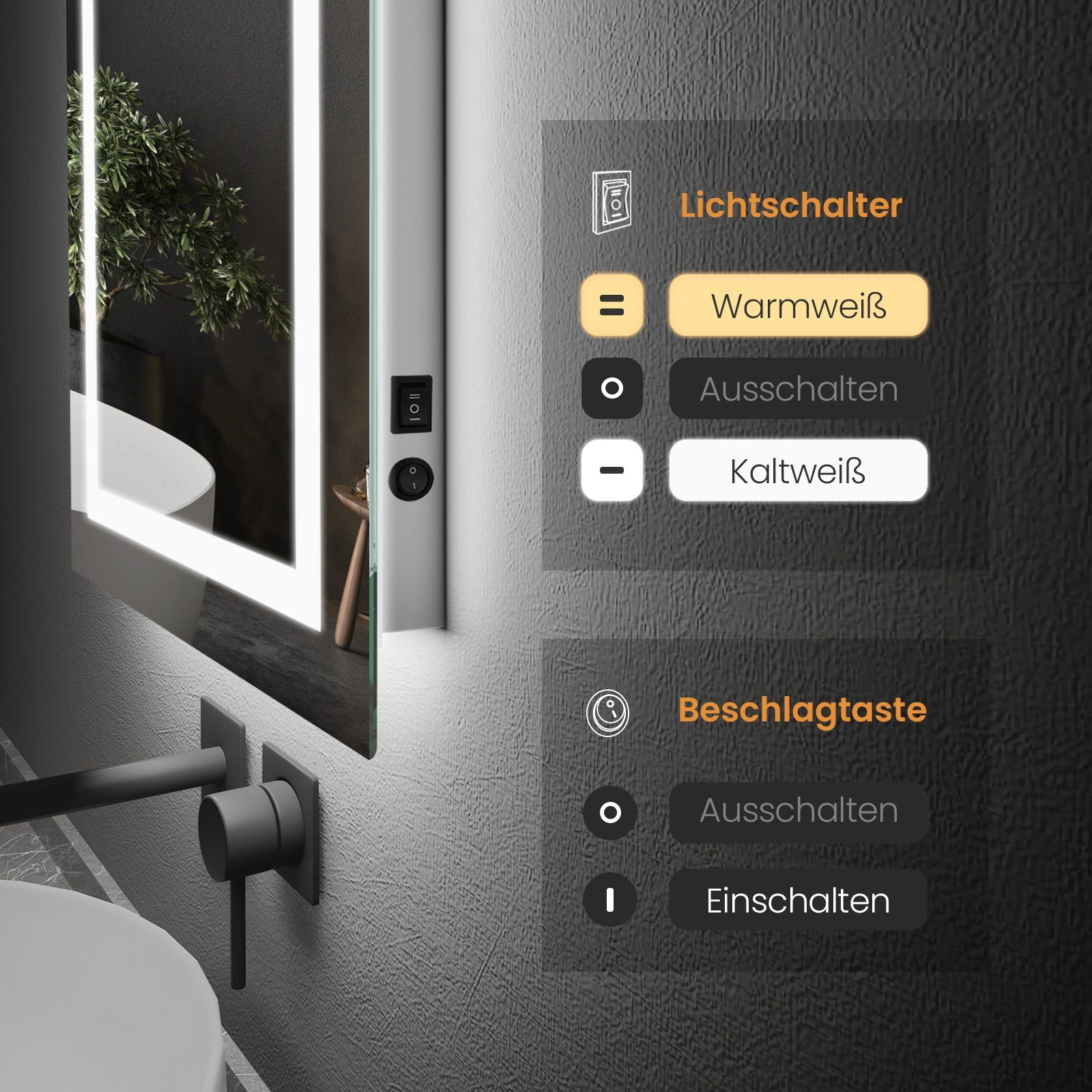 EMKE Badspiegel mit Beleuchtung Kalt/Warmweiß Beschlagfrei Knopfschalter (Breite: 40~50cm, Separate Schalter), 3000K/6500K, Vertikal und Horizontal möglich, IP44