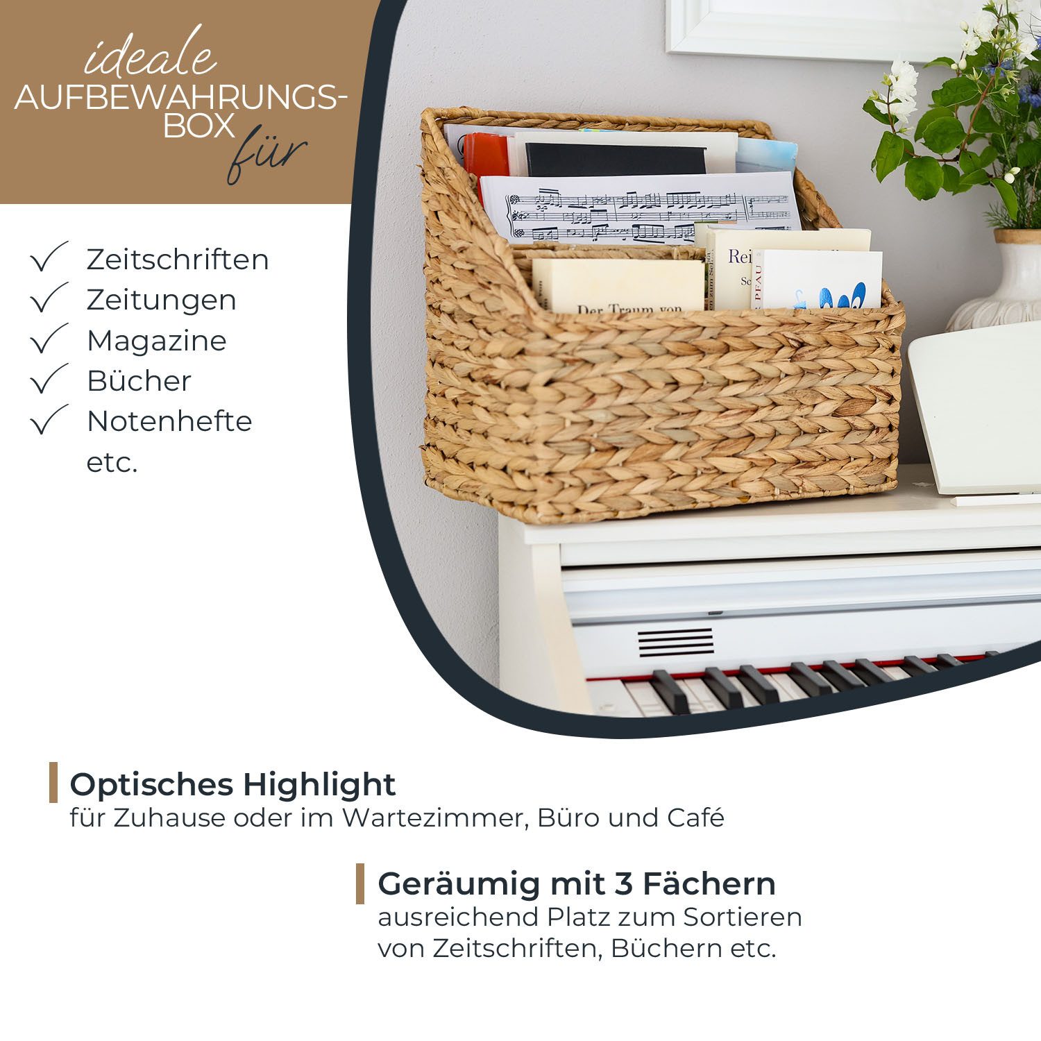 HMF Zeitungsständer Zeitungskorb geflochten aus Wasserhyazinthe, vielfältiger Zeitungsständer mit 3 Fächern, 35 x 23 x 32 cm