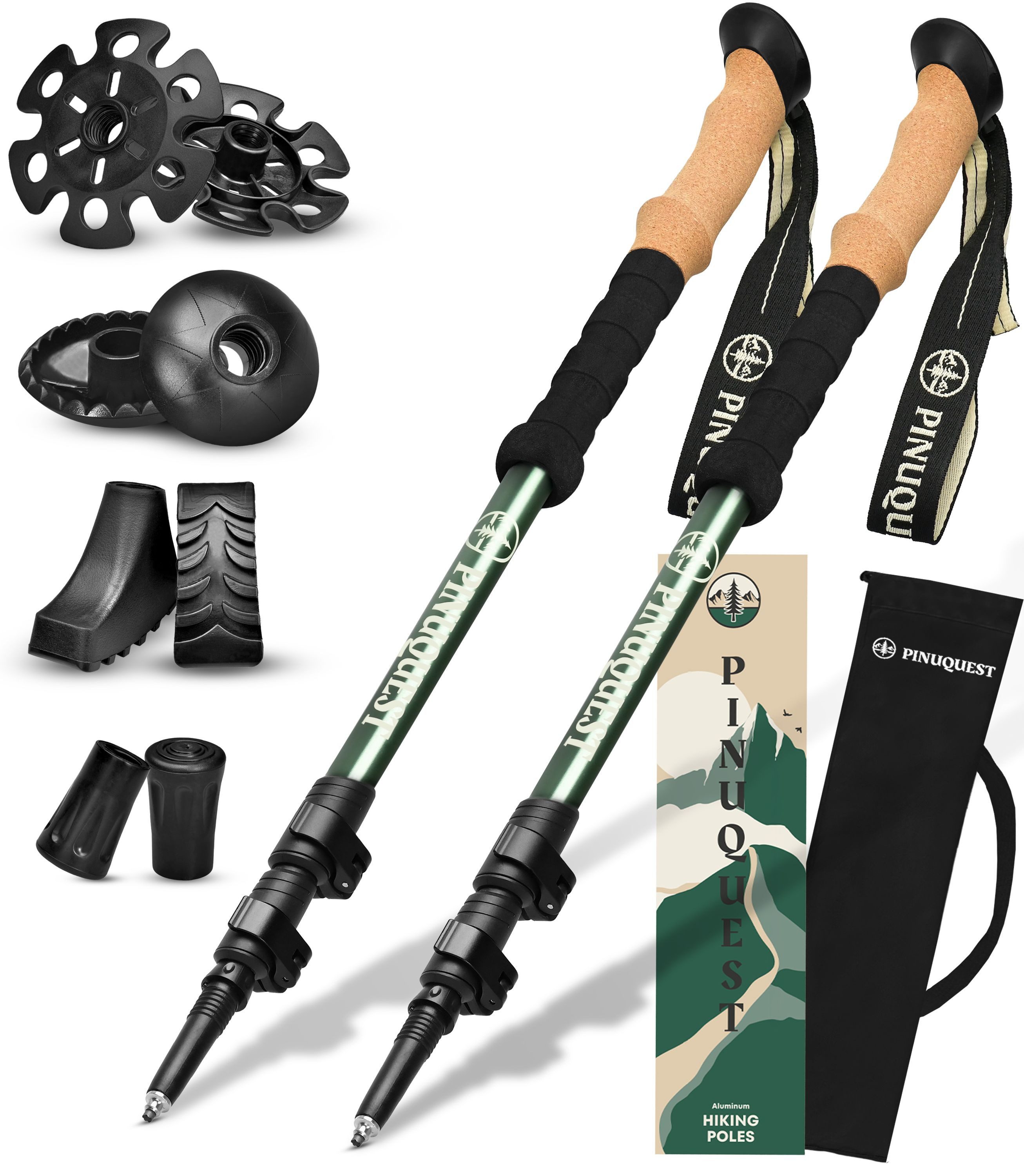 PINUQUEST Trekking-Stöcke Треккинговые палки mit 4 Aufsätzen (1 St), Teleskopstock Nordic Walking mit Aufbewahrungsbeutel, leicht, grün
