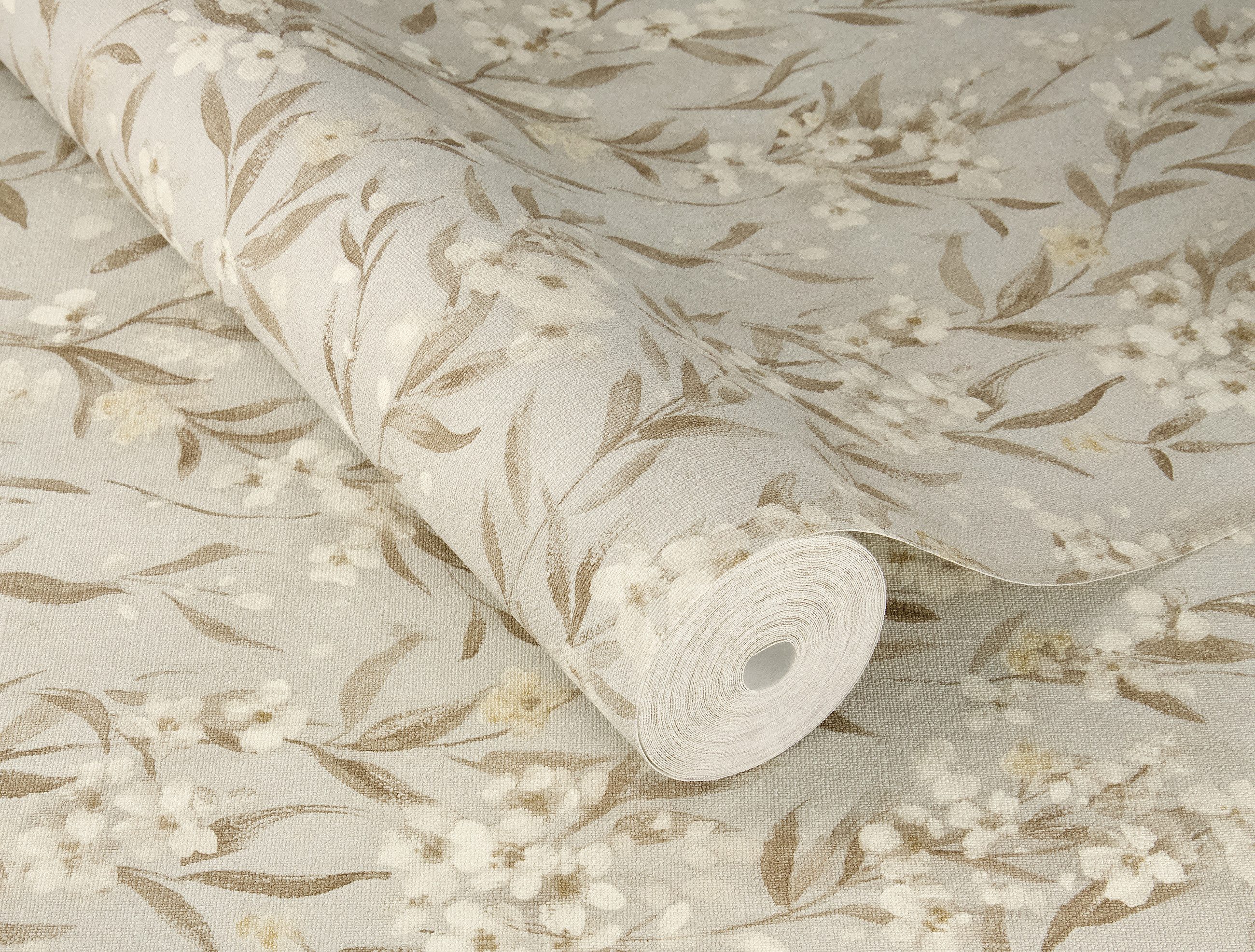 Rasch Vliestapete mit Kirschblüten in Grau - Vliestapete floral - Noble Zen, strukturiert, floral, natürlich, botanisch, geblümt, (1 Rolle, 1 St), Kirschblume