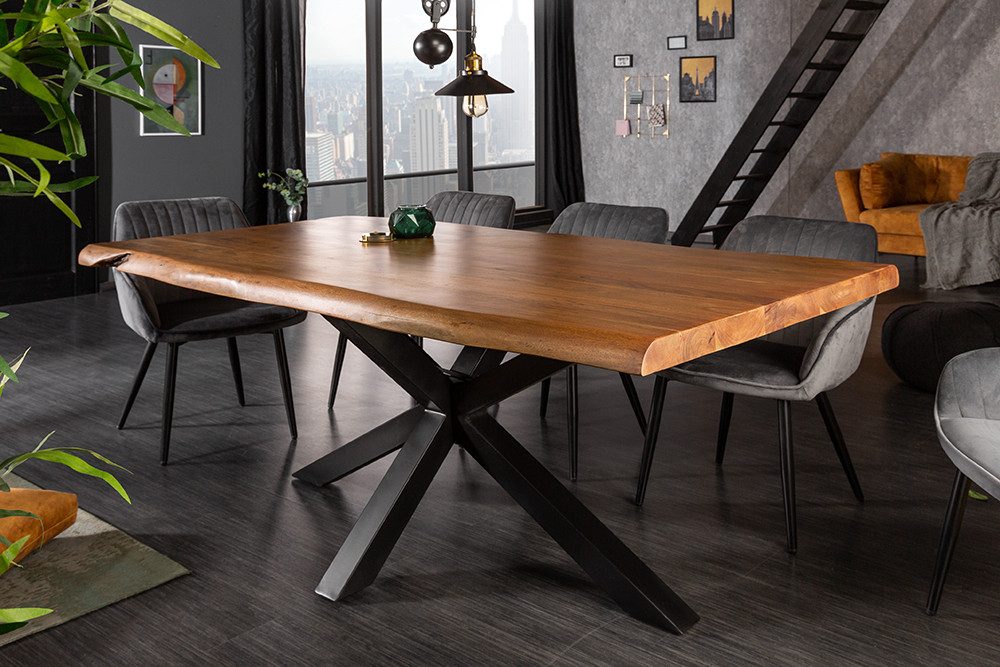 riess-ambiente Esstisch MAMMUT 200cm braun/schwarz - Akazie, massiv, Sterngestell, Baumkante (Einzelartikel, 1-St), Industrial Design & bis zu 8 Personen – ideal für Dein Loft-Esszimmer