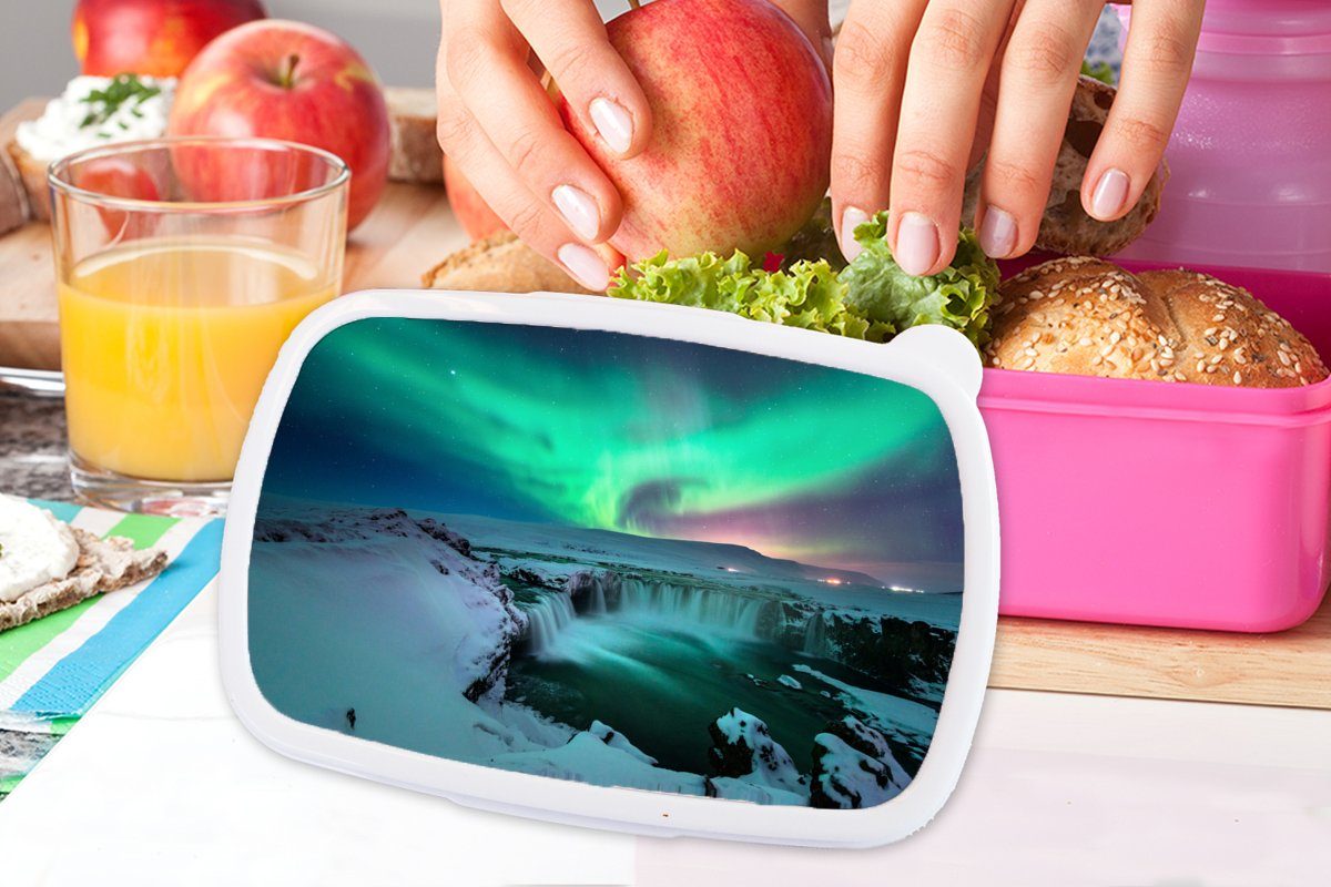 MuchoWow Lunchbox Nordlichter - Schnee Brotdose Mädchen, Brotbox rosa - Snackbox, für Natur Kunststoff - Erwachsene, (2-tlg), Kunststoff, Island, Kinder