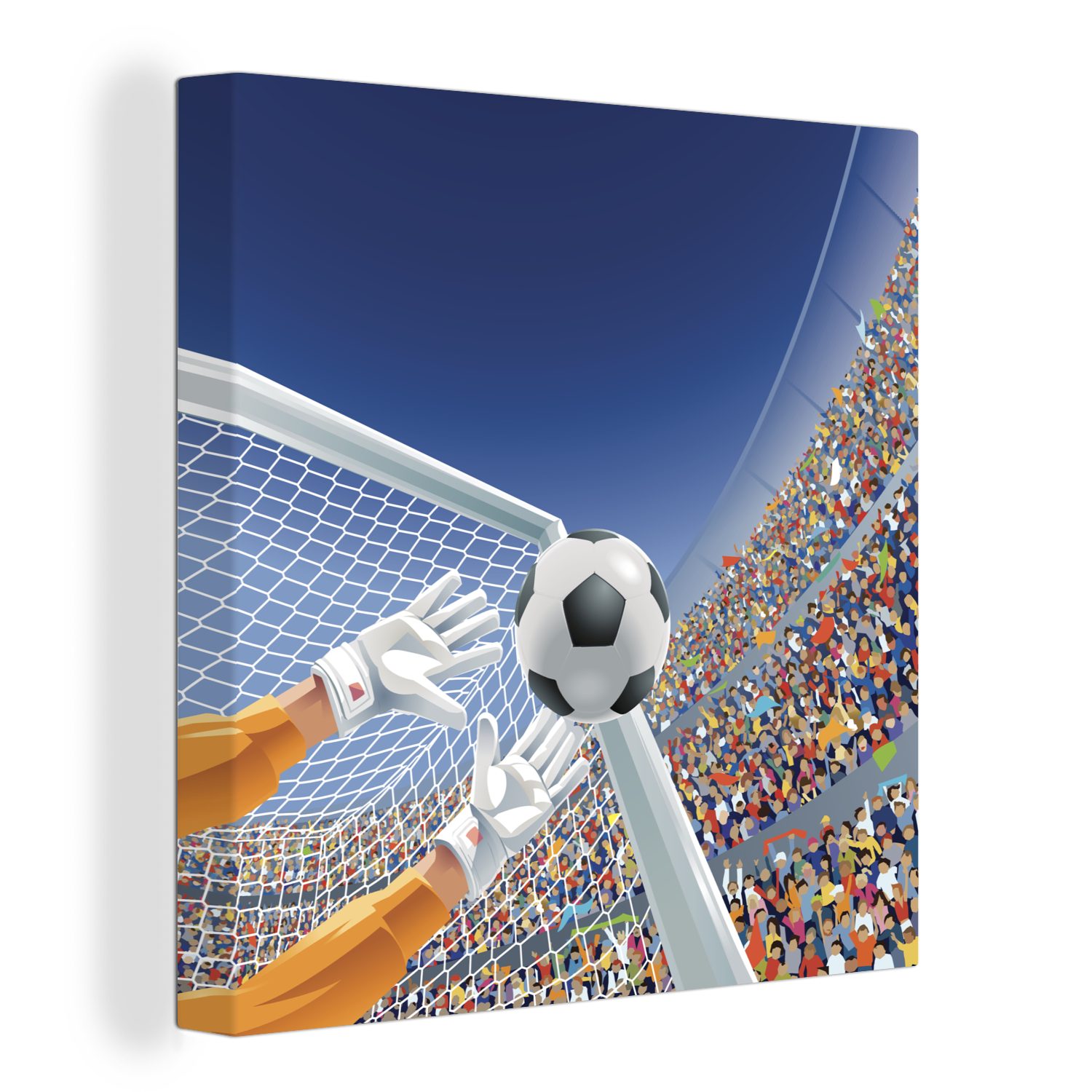 OneMillionCanvasses® Leinwandbild Eine Illustration eines Torwarts, der den Fußball stoppt - Junge -, (1 St), Leinwand Bilder für Wohnzimmer Schlafzimmer