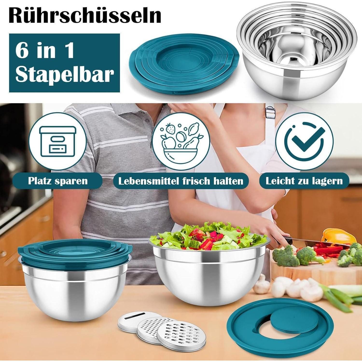 LuxusKollektion Backform Rührschüssel 6er Set Edelstahl Deckel 3 Blau Mit 3 Reibenaufsätzen
