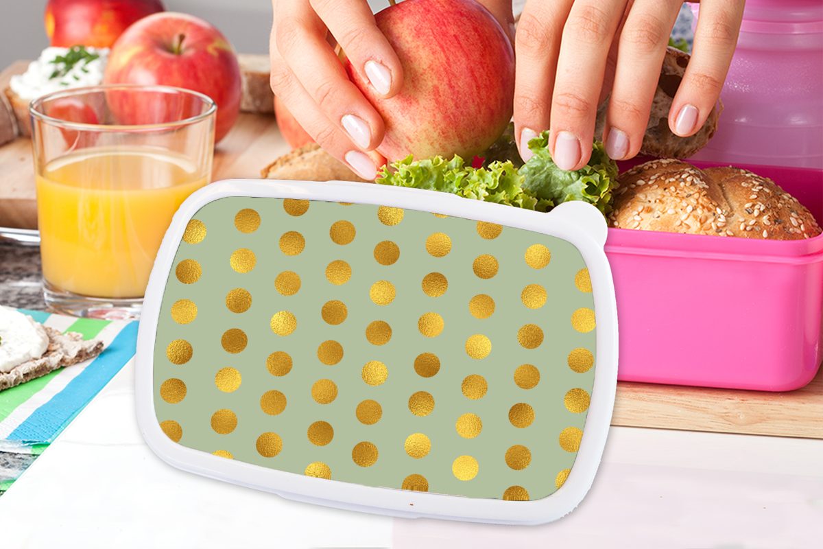 MuchoWow Lunchbox Muster - Mädchen, Brotbox (2-tlg), Erwachsene, rosa Brotdose Grün Snackbox, für - - Kunststoff Gold Tupfen, Kunststoff, Kinder