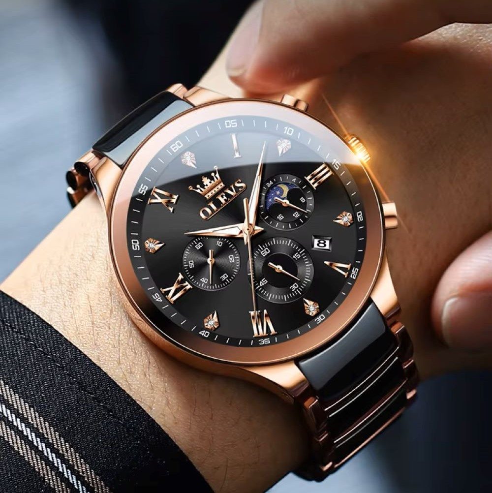 OLEVS Quarzuhr Olevs 7004 Herrenuhr Luxus Chrono Keramikeinlagen Rose 7004