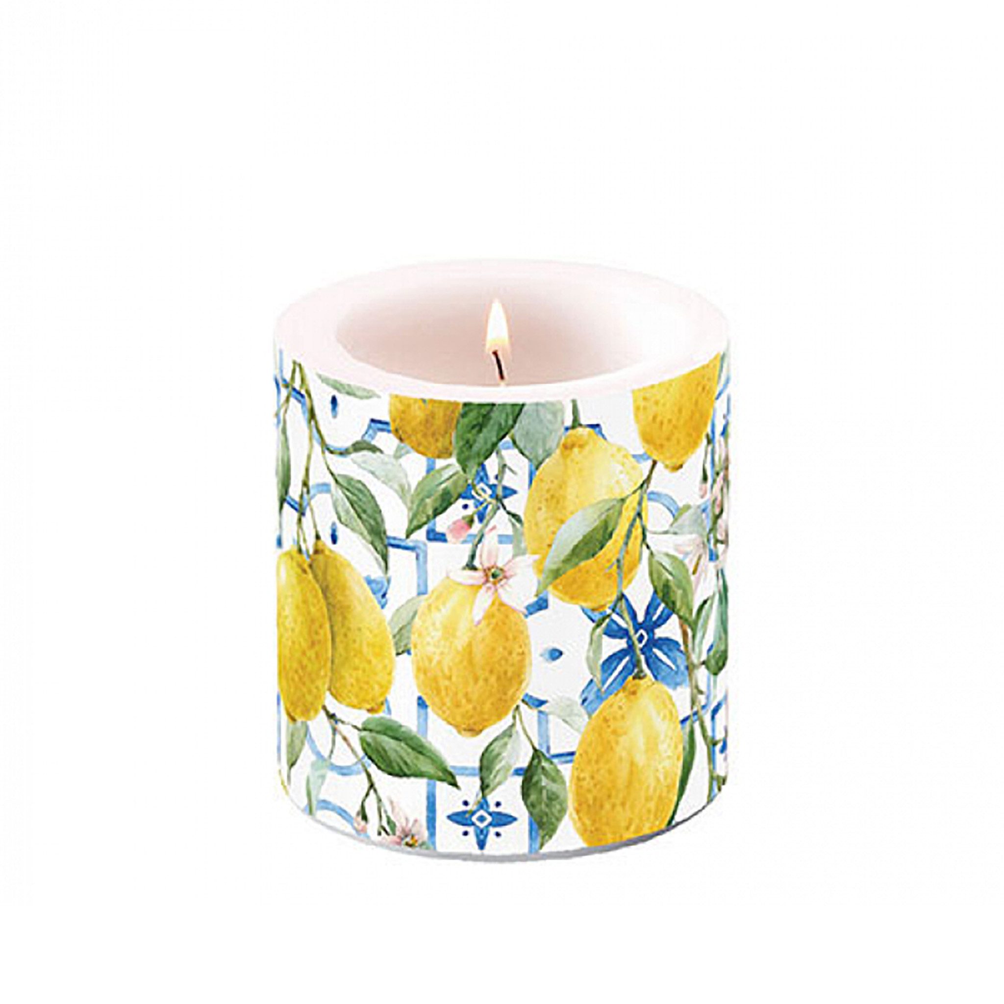 Ambiente Luxury Paper Products Stumpenkerze, Stumpenkerze Paraffin 7,5x9cm mit Zitronen Muster Gelb / Weiß