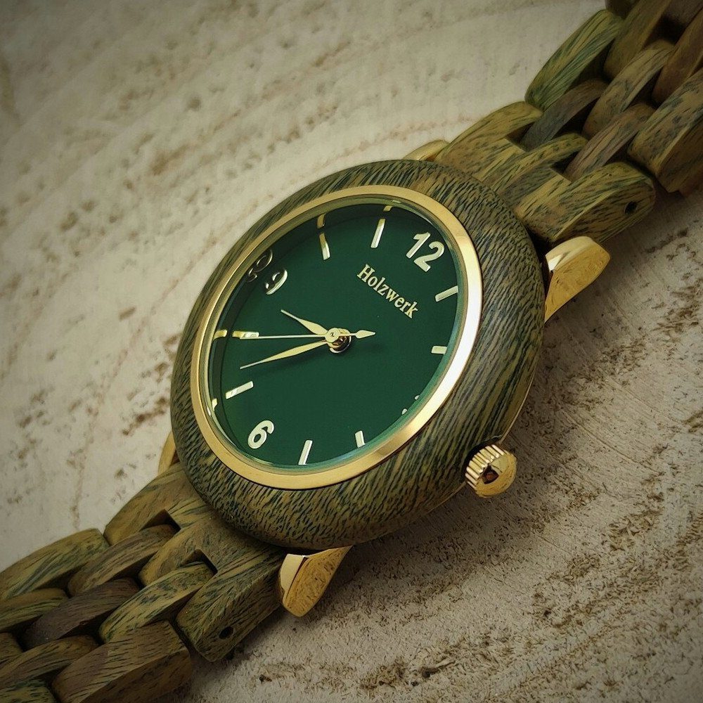 oliv Armband Holzwerk USLAR grün, Holz & Quarzuhr Uhr, Damen Edelstahl kleine gold