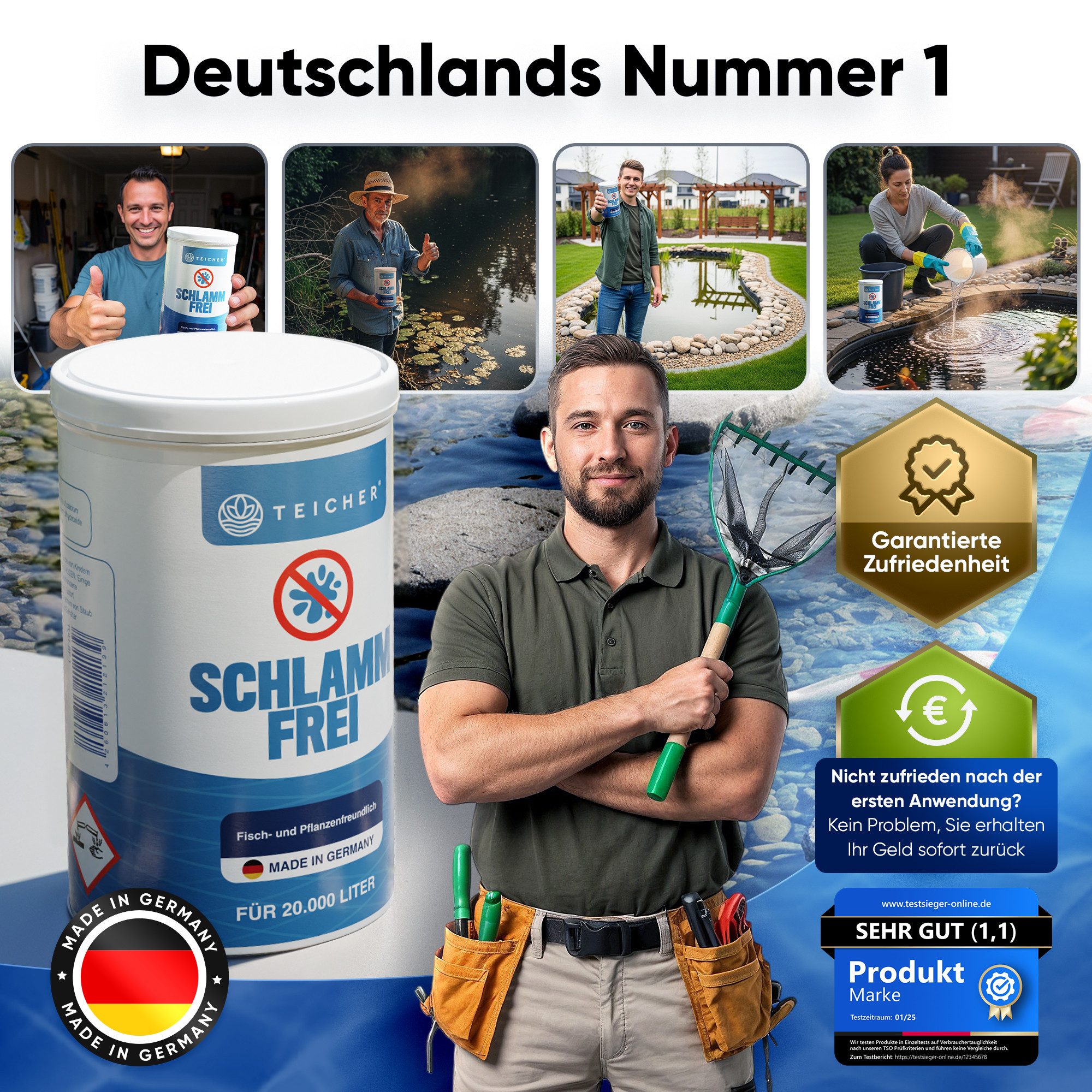 Teicher Teichpflege Teichschlamm Entferner – Natürliche Reinigung mit Sauerstoff, sichtbare Ergebnisse nach schon 30 Minuten