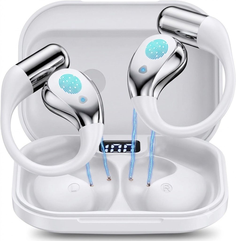 Forrlite Open Ear Kopfhörer, In Ear Ohrhörer, Bluetooth 6.0 Sport-Kopfhörer Open-Ear-Kopfhörer (Reduzierung des Anrufrauschens und Intelligente Bassoptimierung, ENC Noise Cancelling Earbuds, 60 Std Laufzeit, IPX7 Wasserdichte Kabellose Sport Bluetooth Kopfhörer mit Ohrhaken, für Übung, Büro und Langzeitgebrauc, Bluetooth Kopfhörer)
