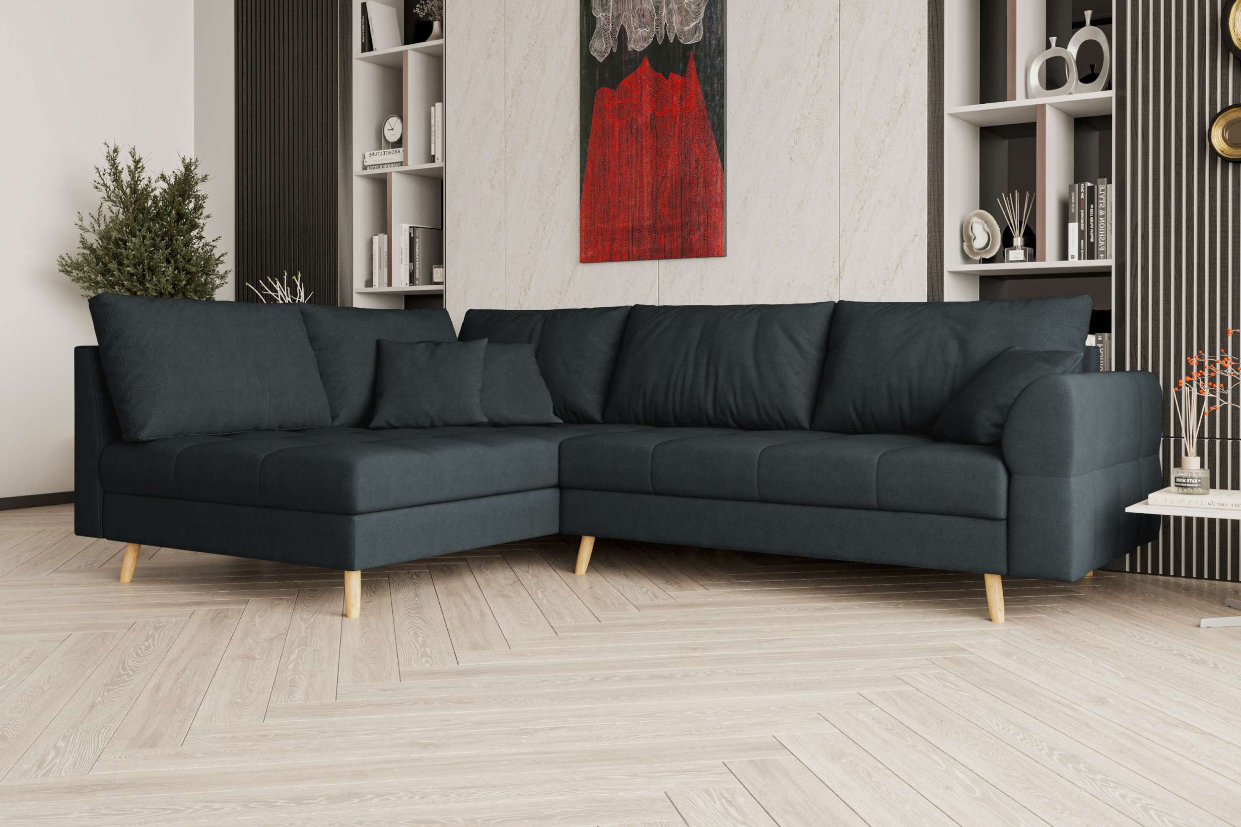 99rooms Ecksofa Bello, Sofa L-Form, Eckcouch, links oder rechts bestellbar, Rundumbezug und Rückenkissen, Holzfüße