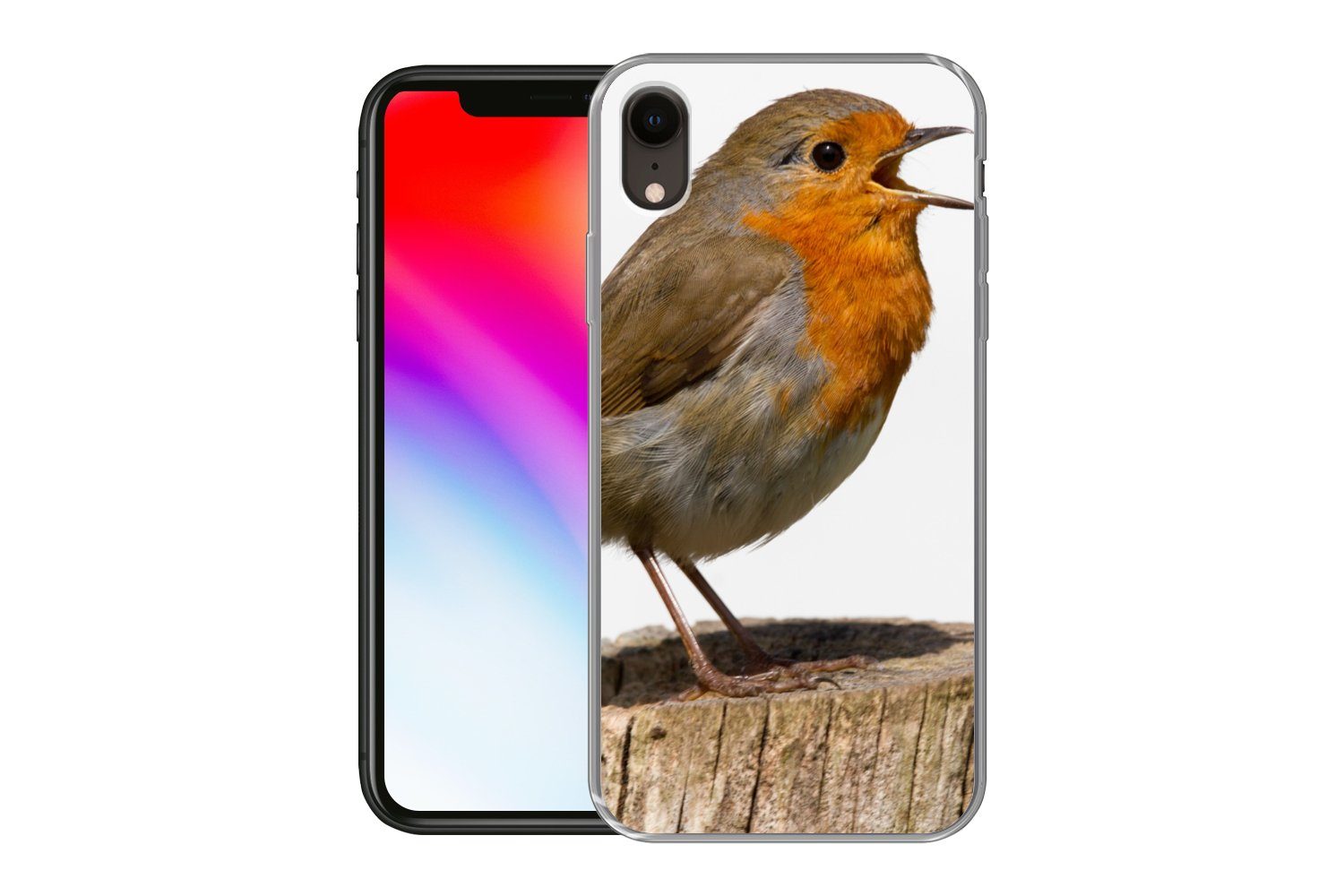 MuchoWow Handyhülle für Apple iPhone XR Rotkehlchen - Vogel - Holz, Smartphone-Bumper, Print, Handy Schutzhülle Dünn