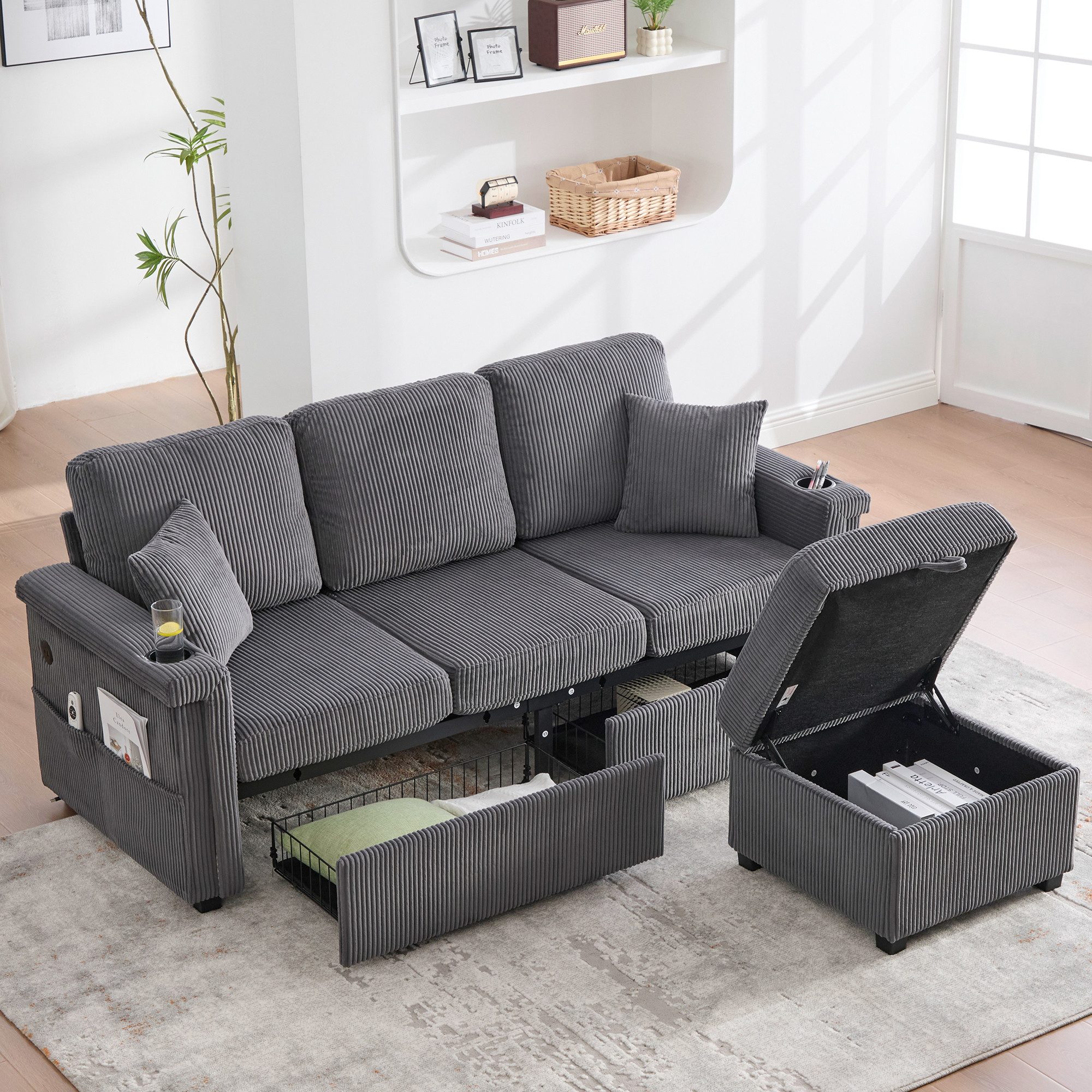 KLAM HOME Sofa Hochwertiges 3-Sitzer Samtsofa mit LED-Beleuchtung & USB-C-Port, Mit Stauraum-Fußteil, praktischen Getränkehaltern und Seitentaschen, Premium Qualität für Wohnzimmer, Schlafzimmer oder Büro